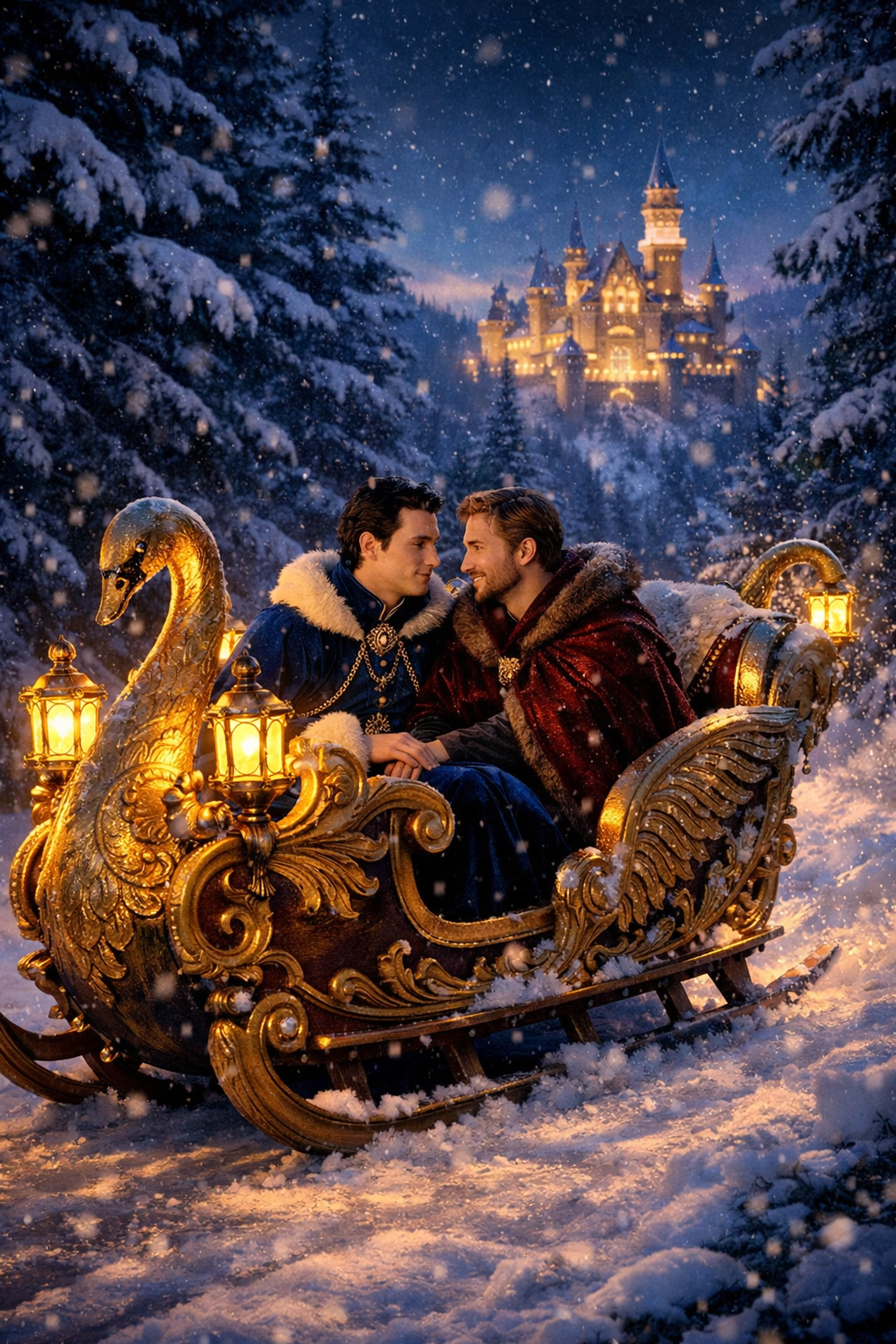 King Ludwig II and a companion in a gilded swan sleigh at night, a scene of royal gay fantasy in the snow.
