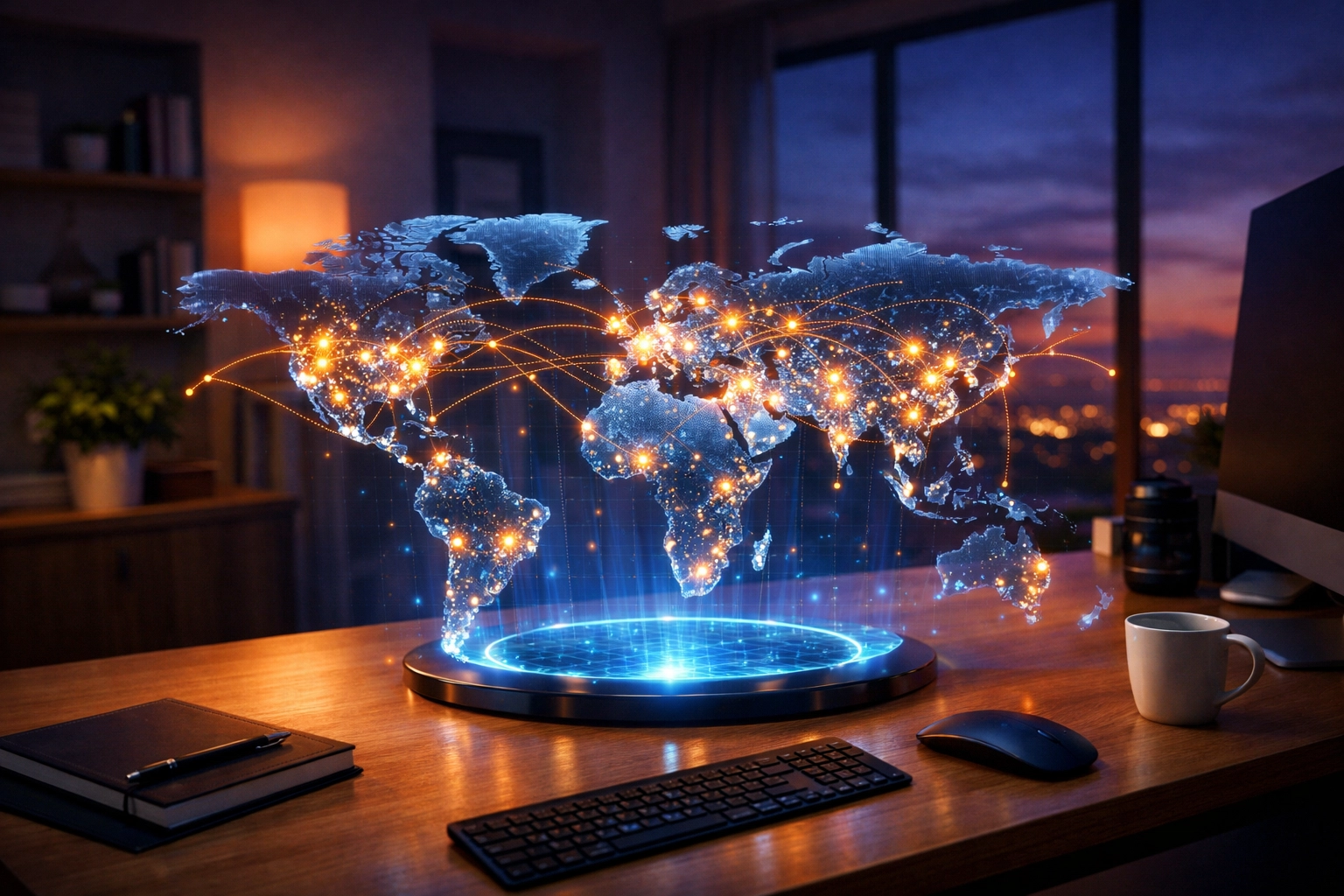 Holographic world map above a desk representing the global talent network in a remote-first economy.
