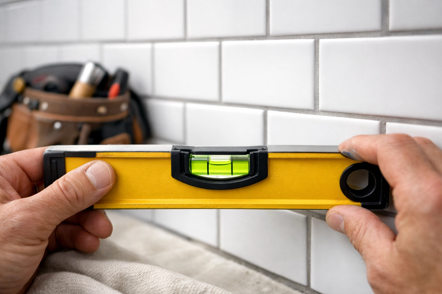 Skilled Philadelphia contractor installing white subway tile with precision using a level.