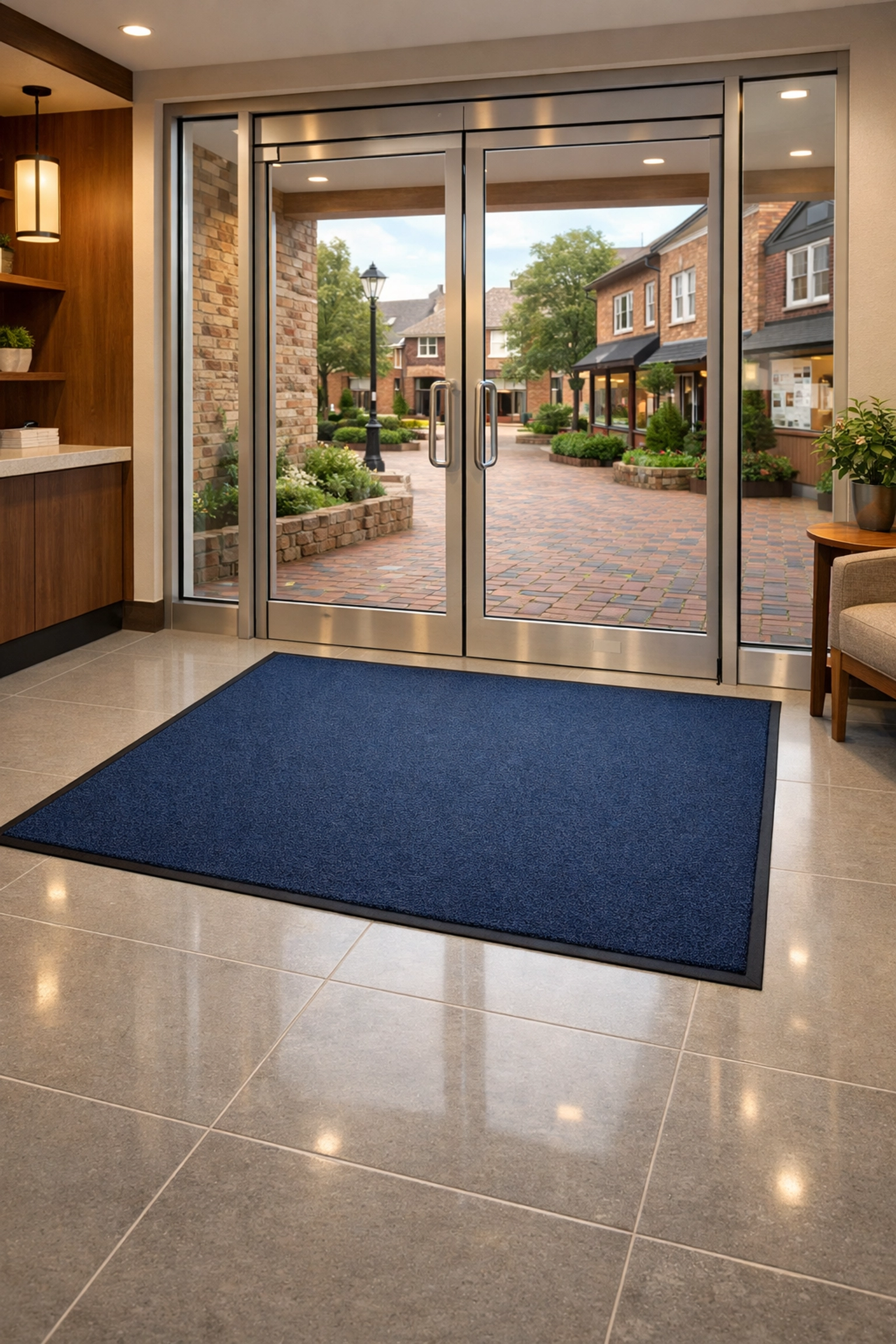 Clean commercial entryway in Shrewsbury MA with spotless glass doors and professional floor maintenance.