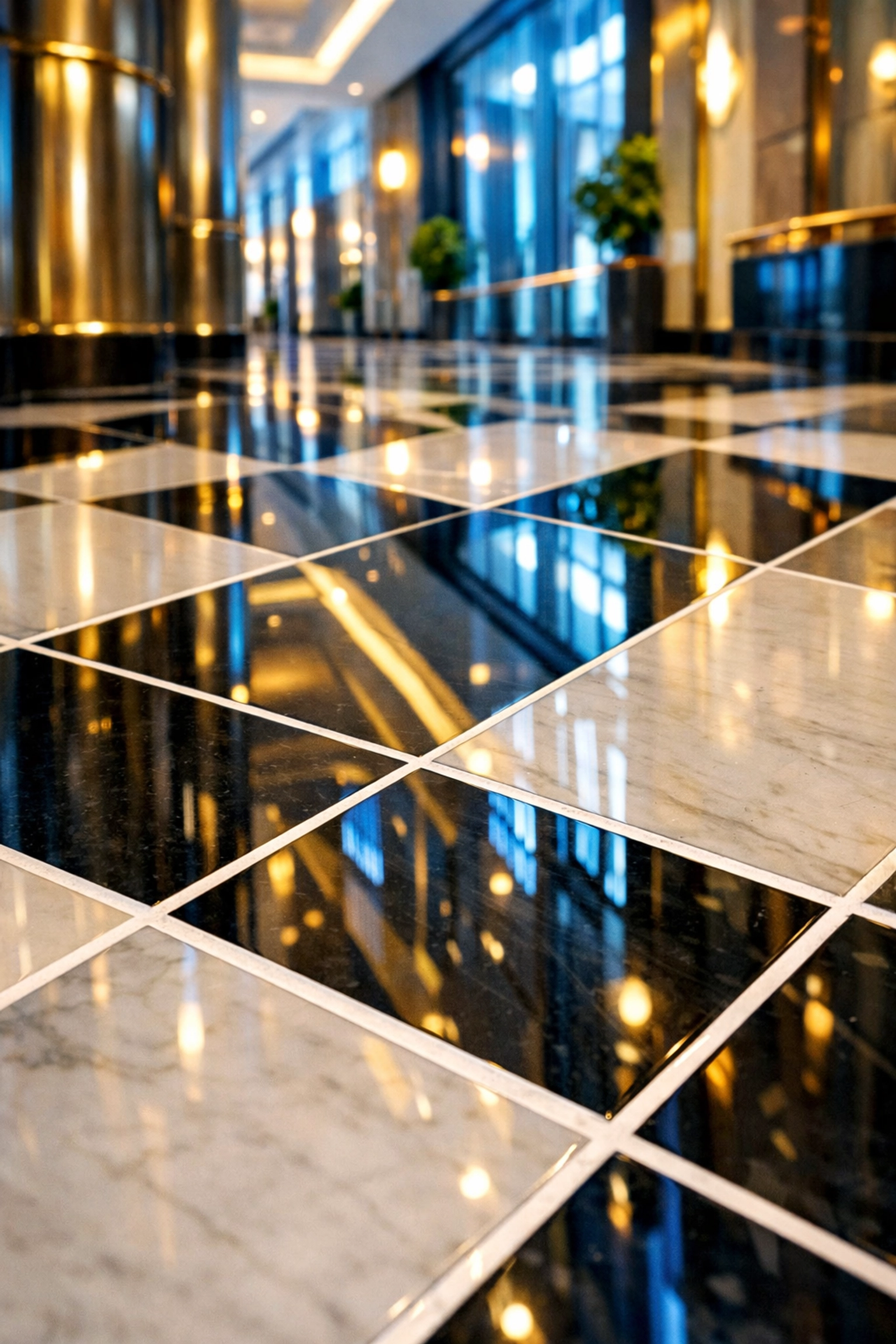 Deep-cleaned commercial floor tiles and white grout showing professional hard surface care in Everett.