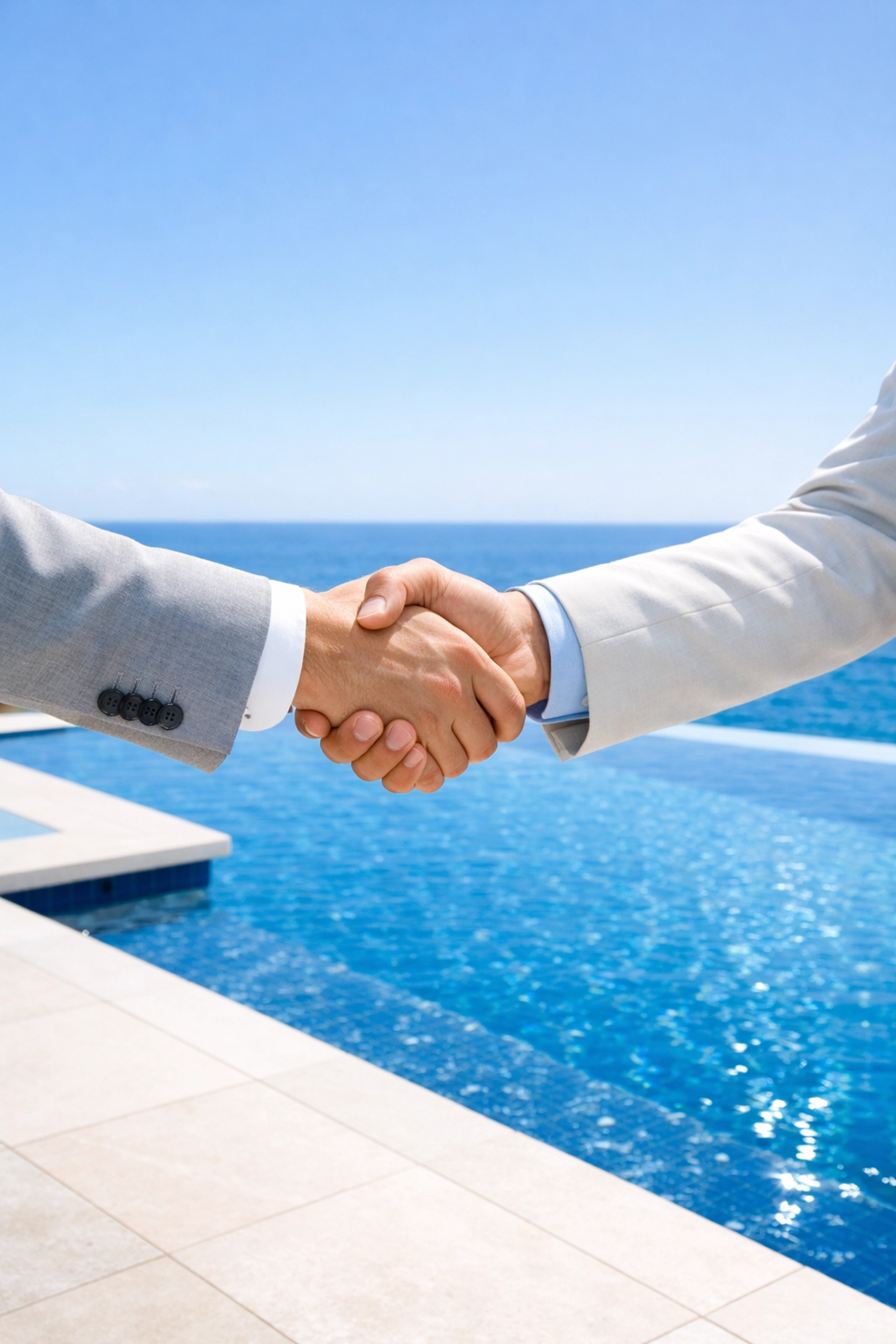 Business professionals shaking hands by a pool representing a successful pool route sale and exit.