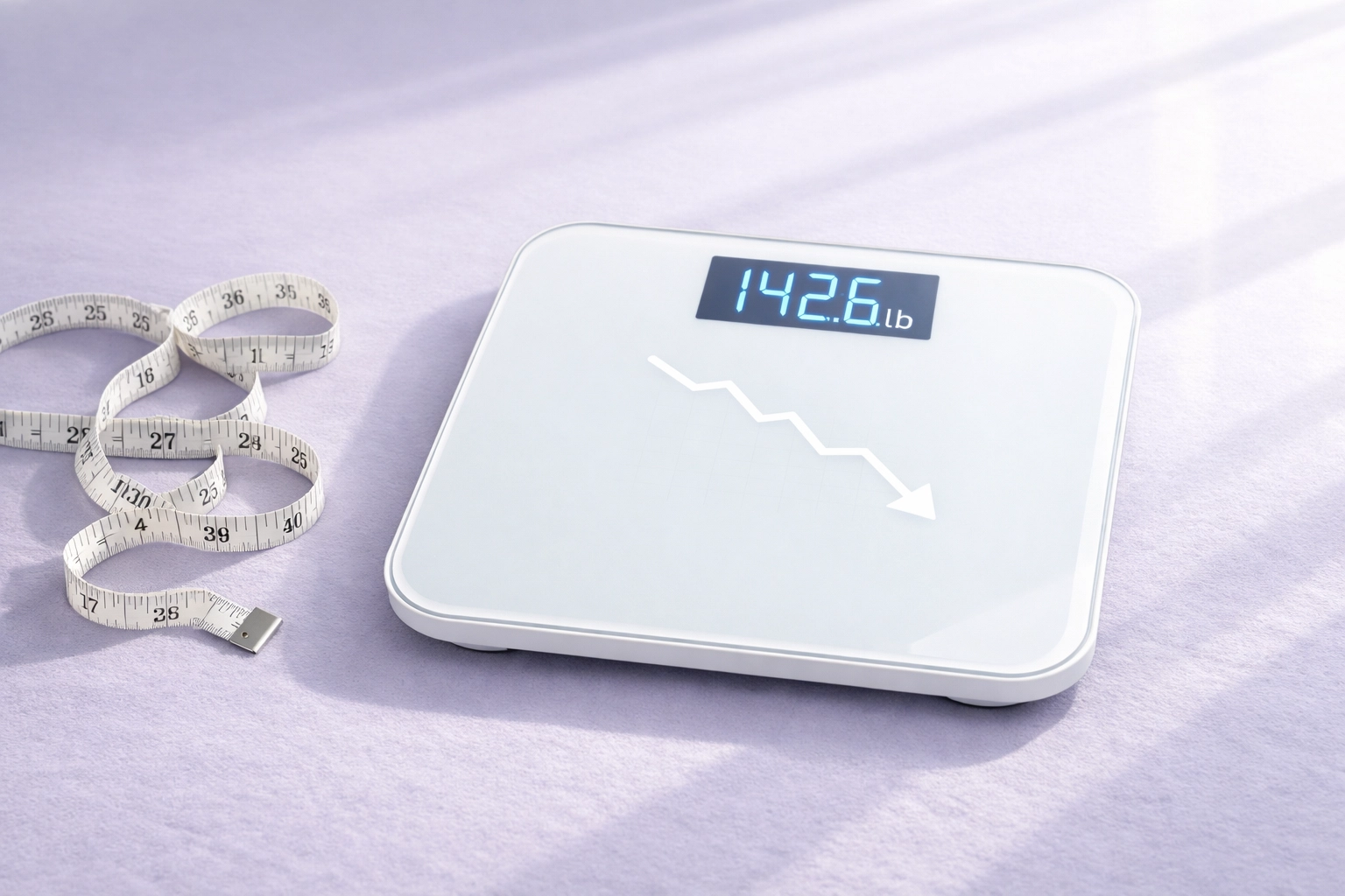 Bathroom scale and measuring tape showing successful weight loss results with GLP-1 treatment