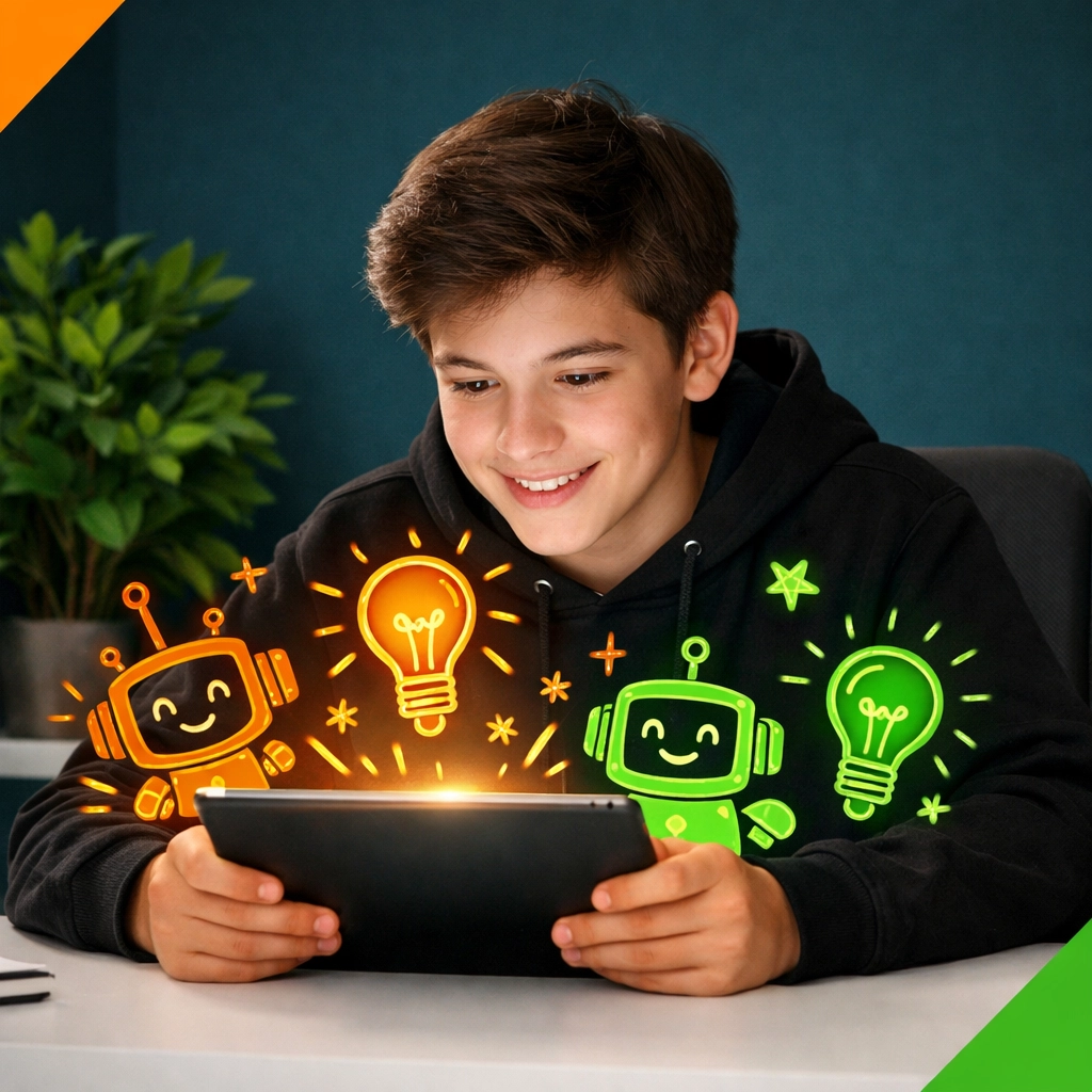 A teenage boy learning about AI safety and personal development through an online course.