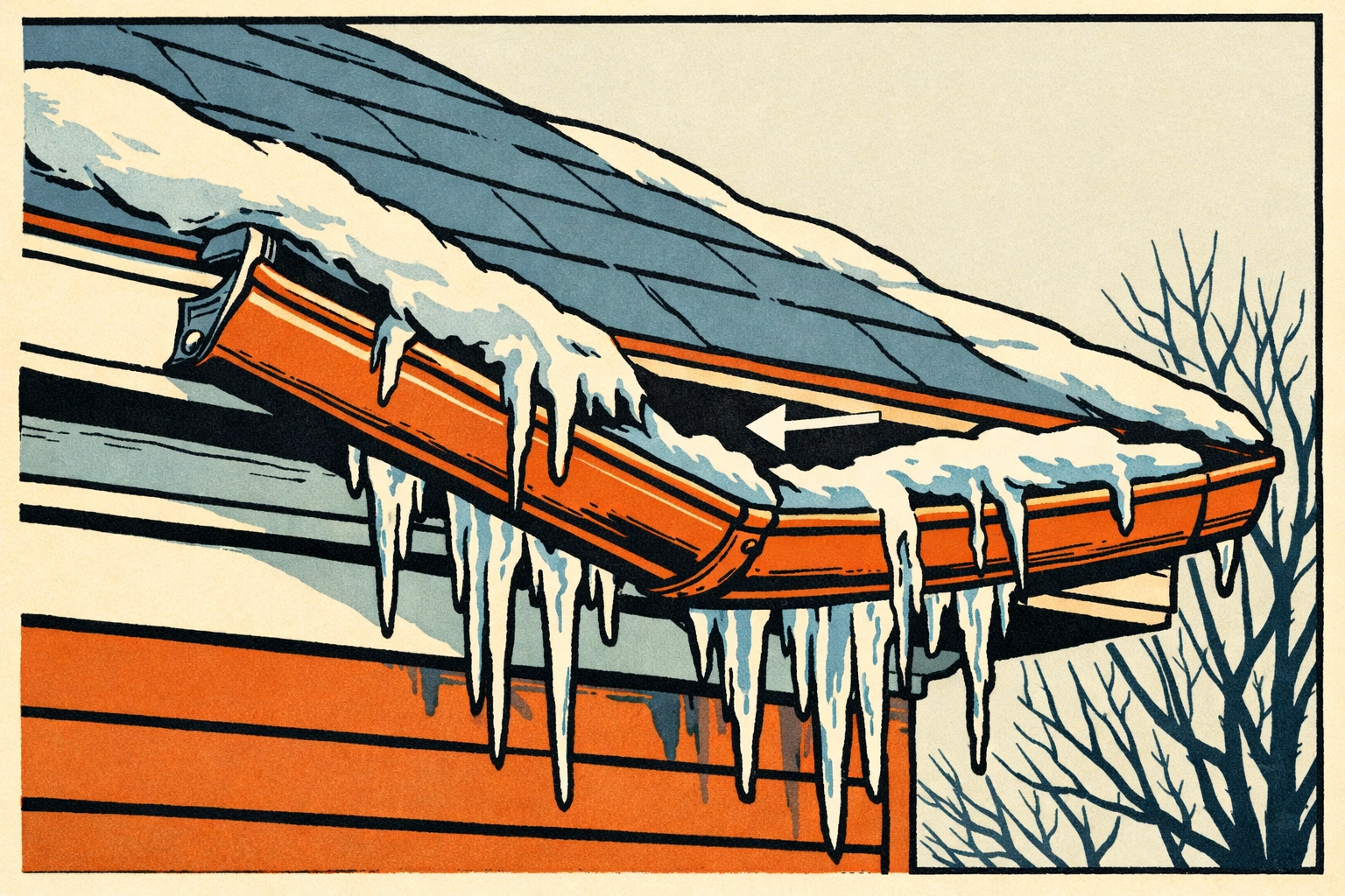 Sagging gutter pulling away from fascia board with icicles and gaps in winter