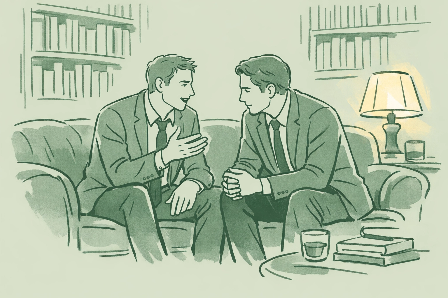 Gay romance diplomats share intimate conversation in estate library during peace negotiations
