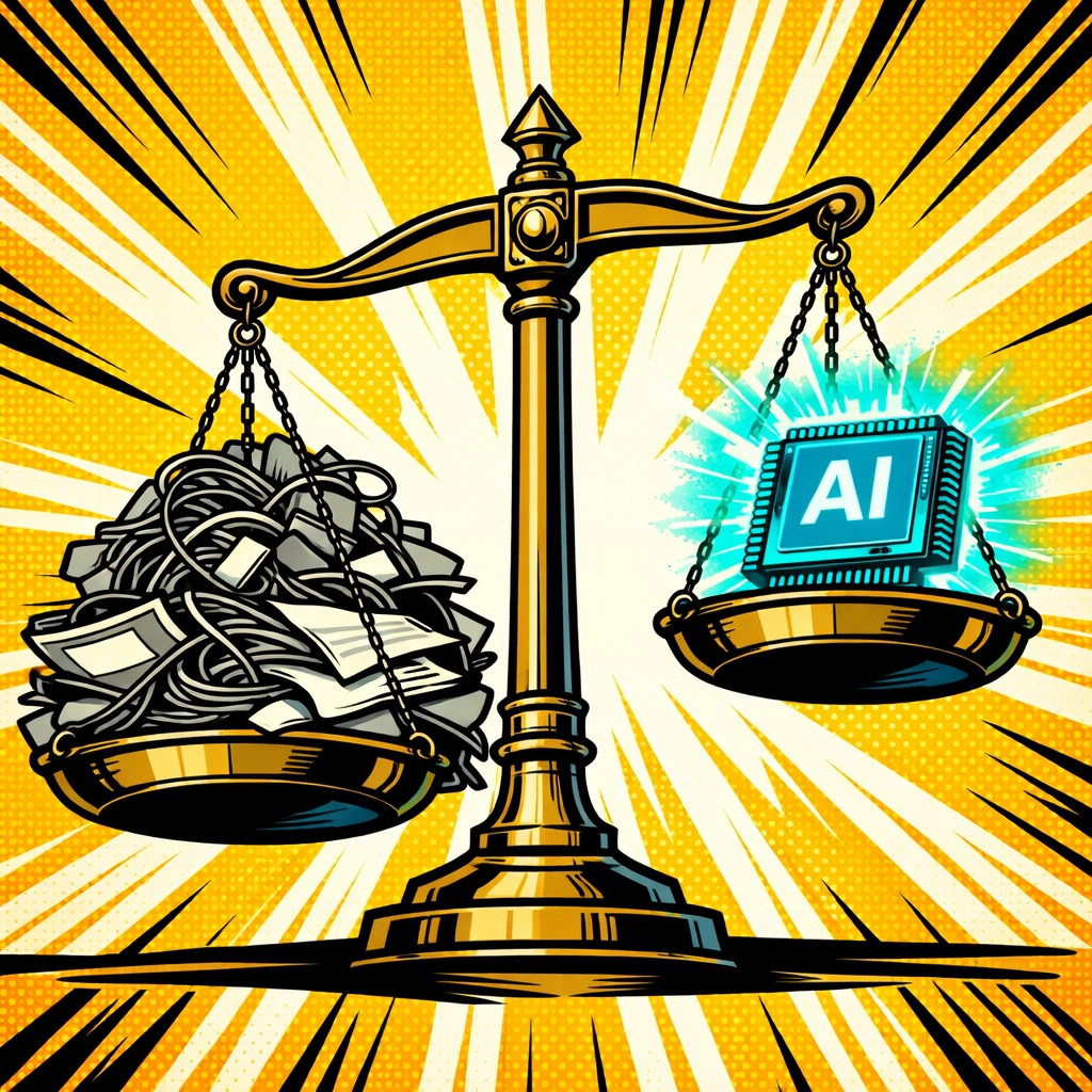 Scales showing a single AI microchip outweighing a pile of paperwork, representing AI business automation efficiency.