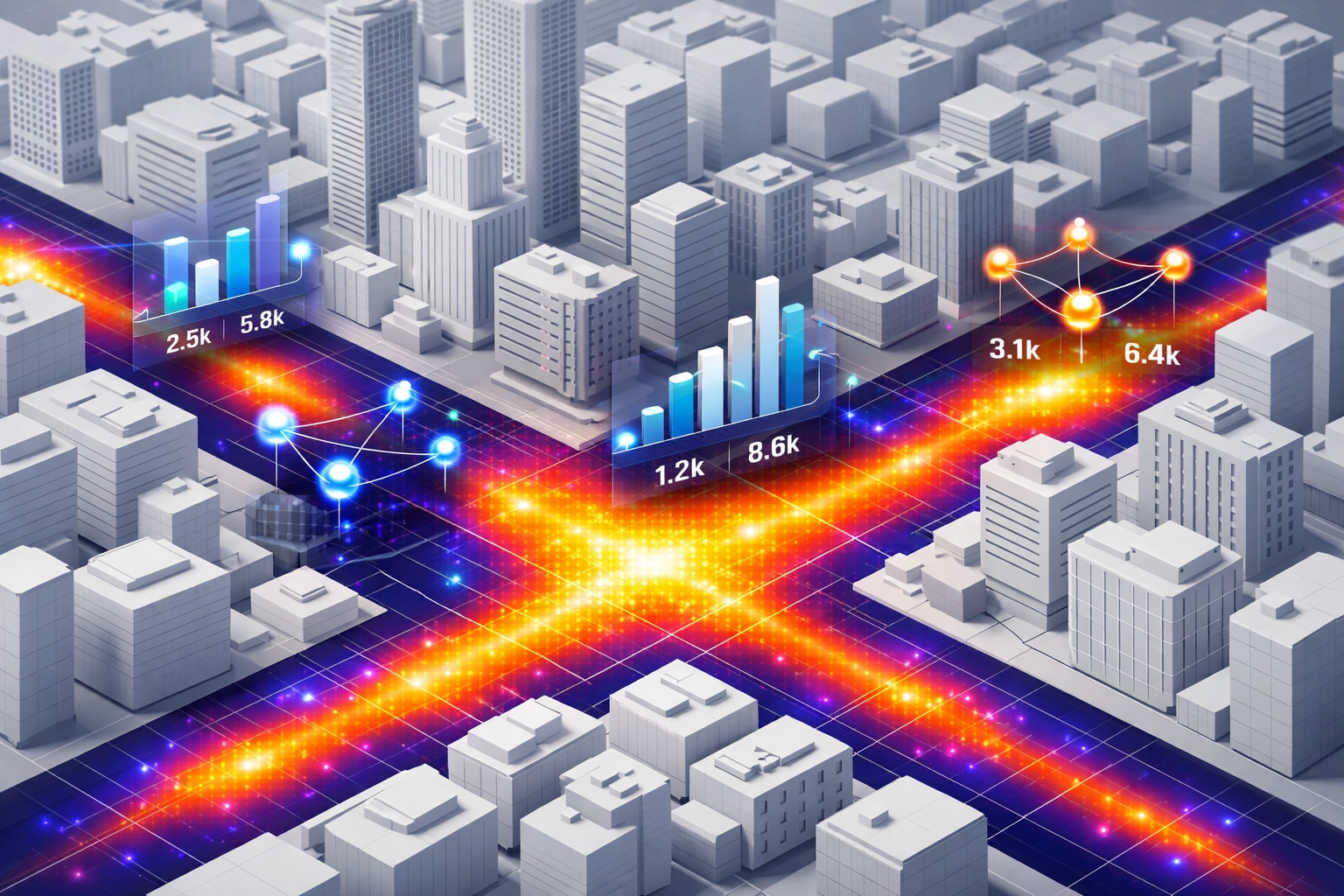 Real-time DOOH audience measurement heatmap on an urban map for strategic reach and targeting.