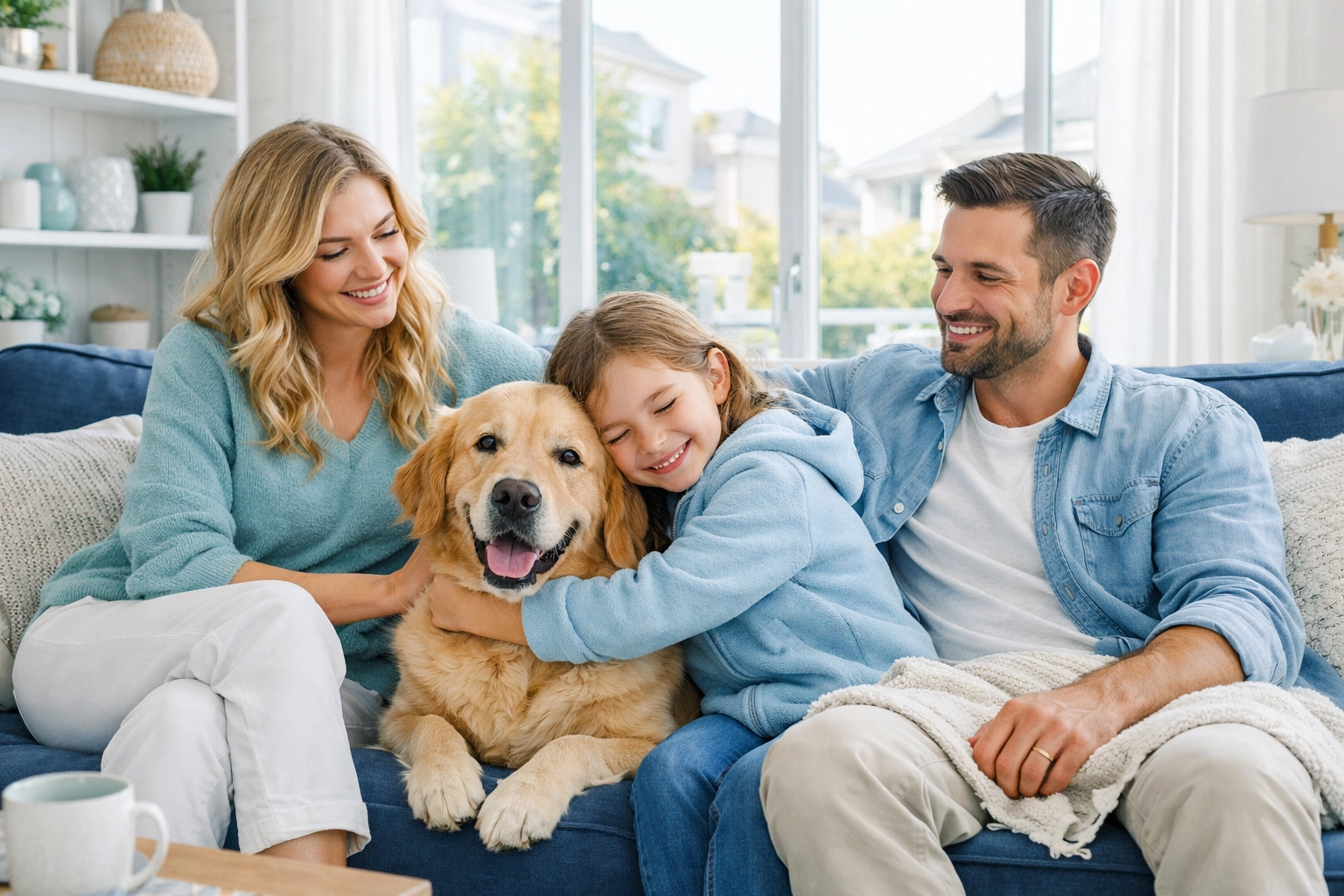 Happy family relaxing in a cool home after professional air conditioning service in Pearland.