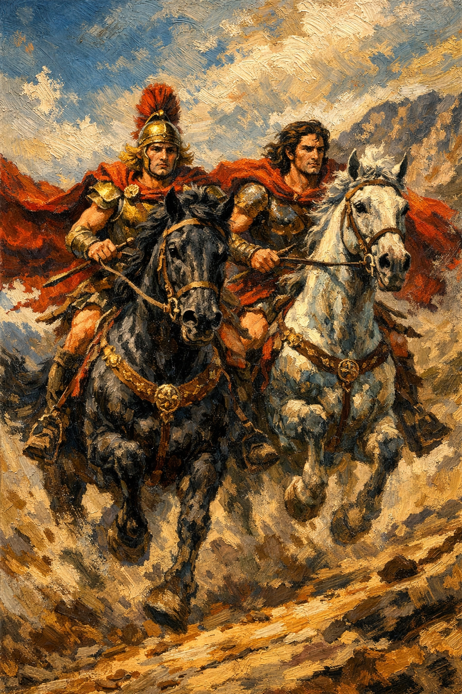 Alexander and Hephaestion riding together, illustrating epic bonds in popular queer fiction.