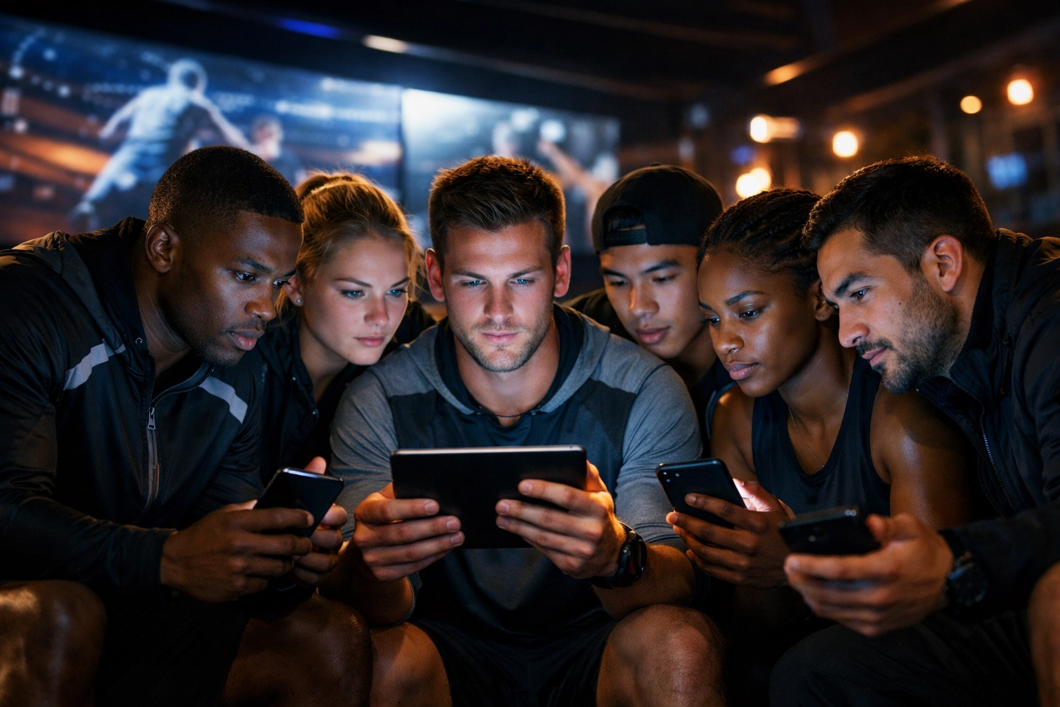 College athletes using smartphones in a media lounge to engage with fans and bridge the NIL athlete-brand gap.