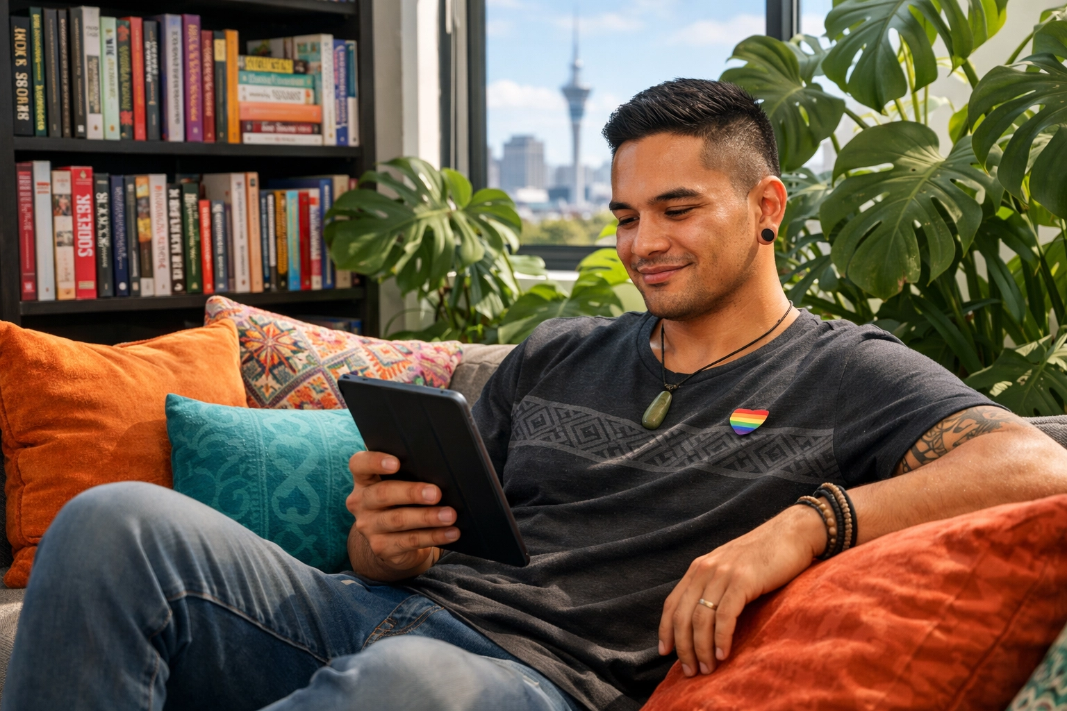 Modern Māori man reading an LGBTQ+ ebook, showcasing authentic Takatāpui representation in gay romance books.