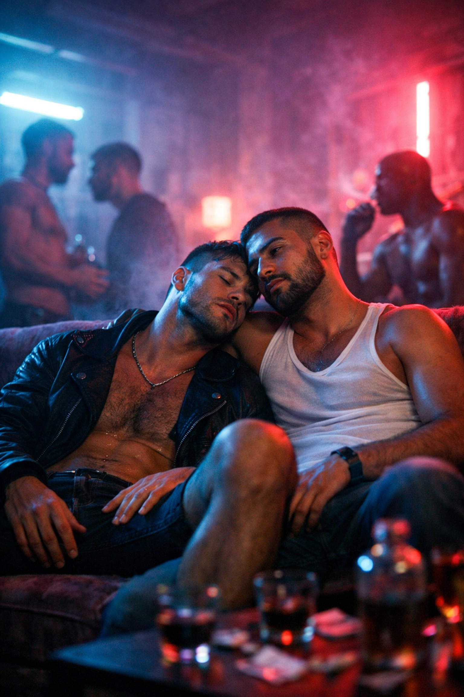 Diverse gay men in a neon-lit room sitting together, reflecting the instant intimacy of the chem-sex scene.