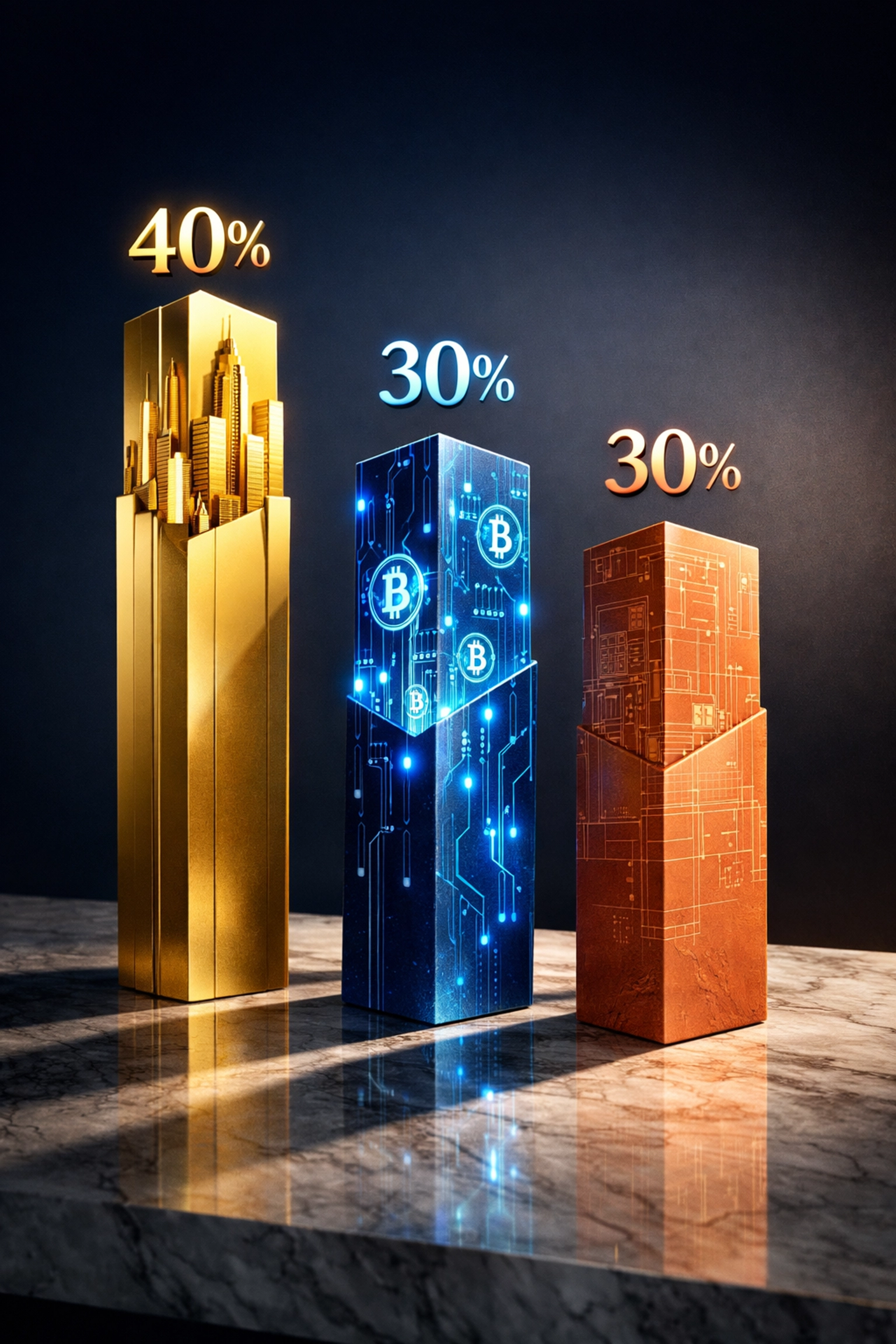 Three pillars showing 40/30/30 diversification model: private equity, cryptocurrency, and real estate