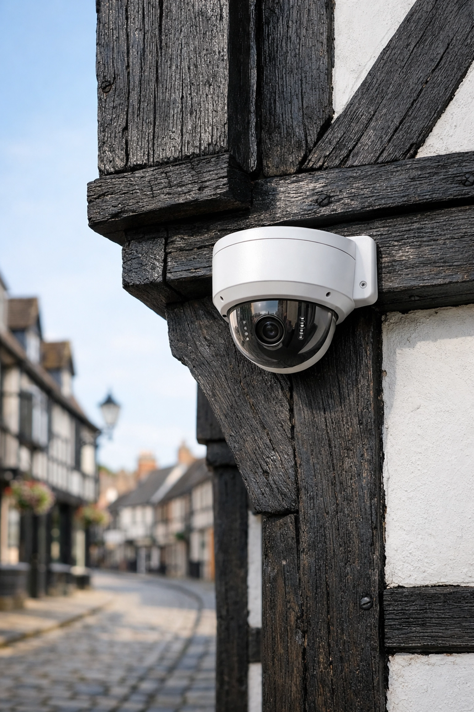 Professional CCTV installation on a historic Tudor building in Stratford upon Avon.