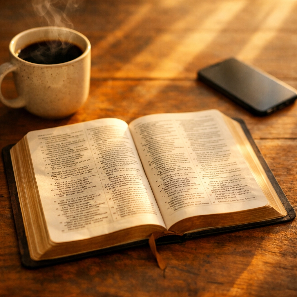 Morning coffee with open Bible and phone set aside showing peaceful news boundaries for believers