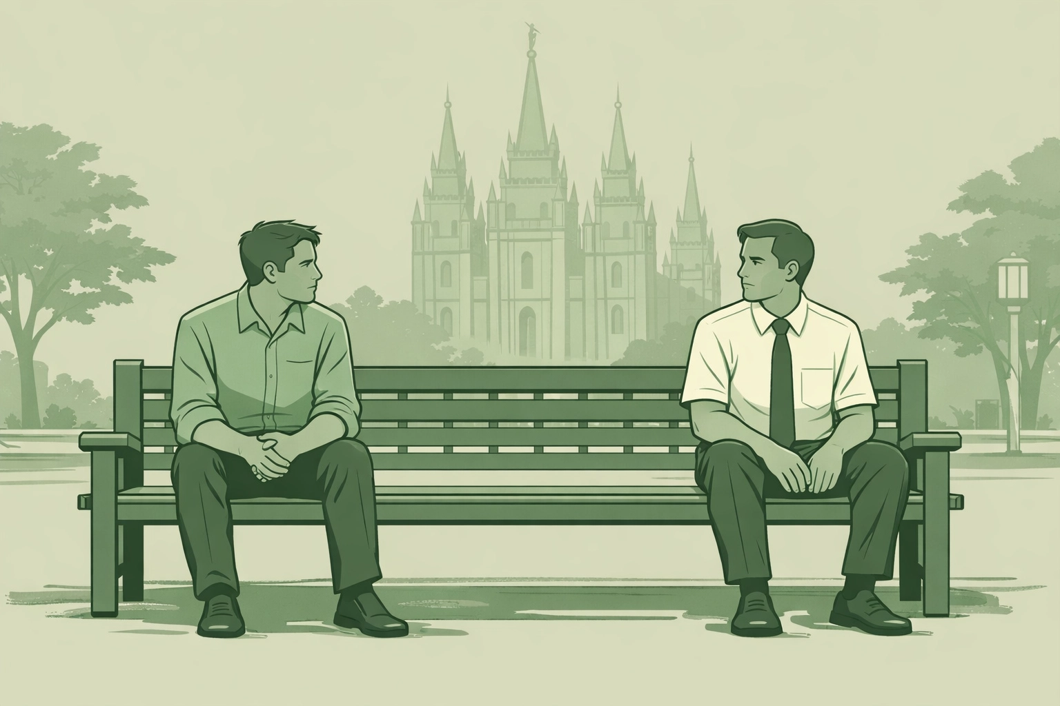 Two gay men reunite on bench at Temple Square, one in Mormon attire, one who left the faith