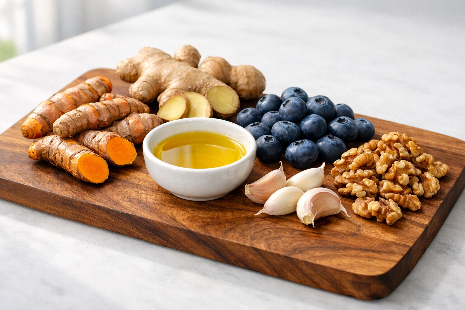 Anti-inflammatory foods including turmeric, ginger, berries, and healthy fats