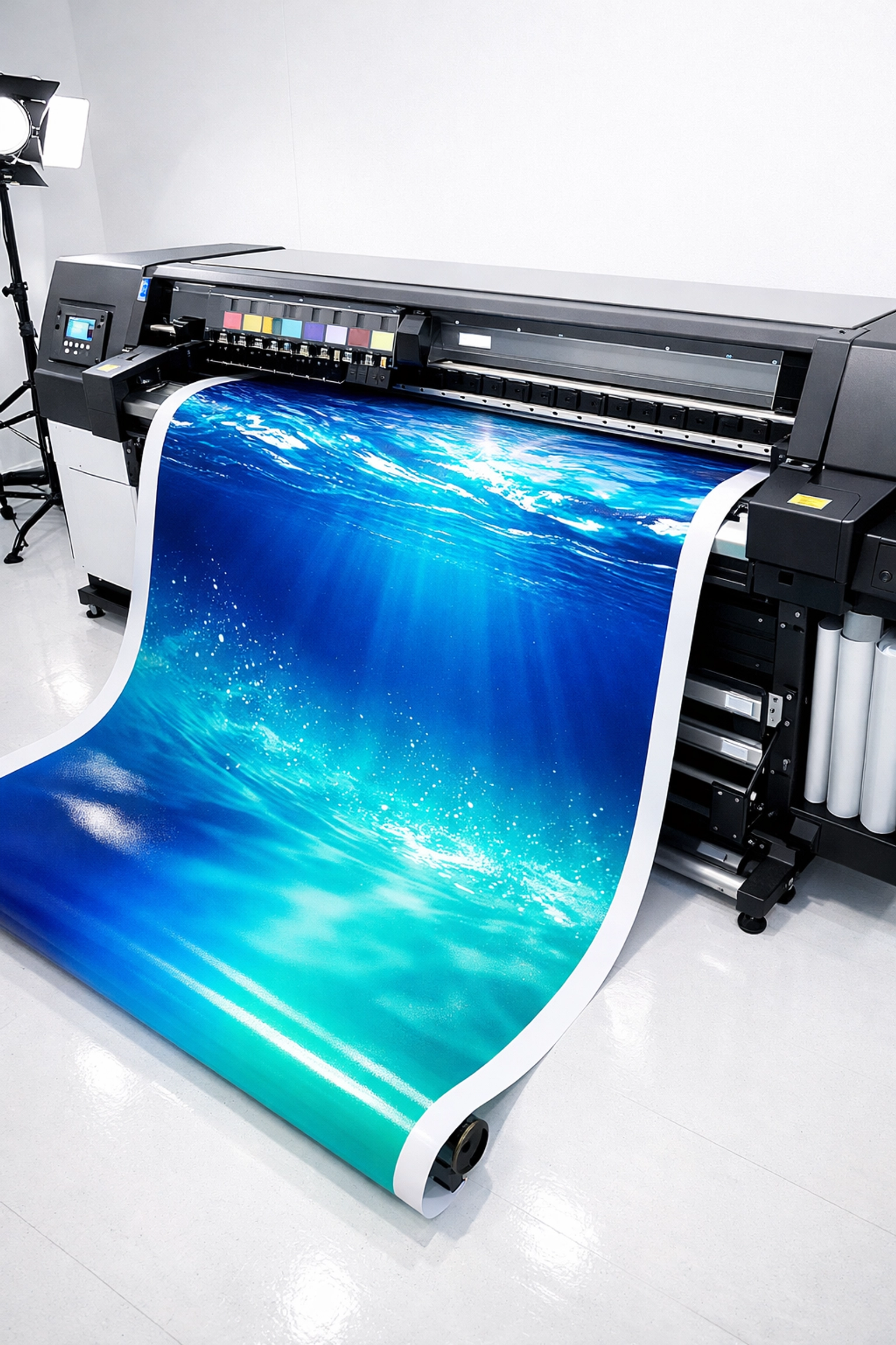 Professional large-format printer producing a high-quality vinyl banner in a Kona printing studio.