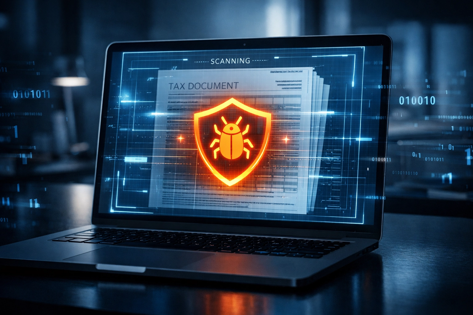 Cybersecurity software scanning a digital tax document on a laptop for malicious phishing attachments.