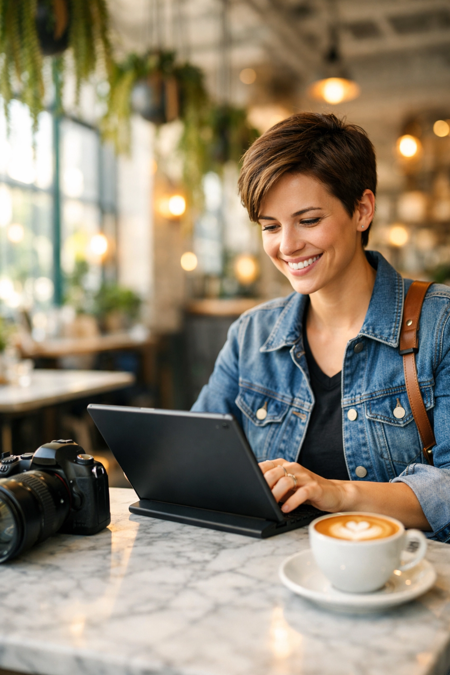 Professional photographer using a digital dashboard to manage a seamless photography booking experience in a cafe.