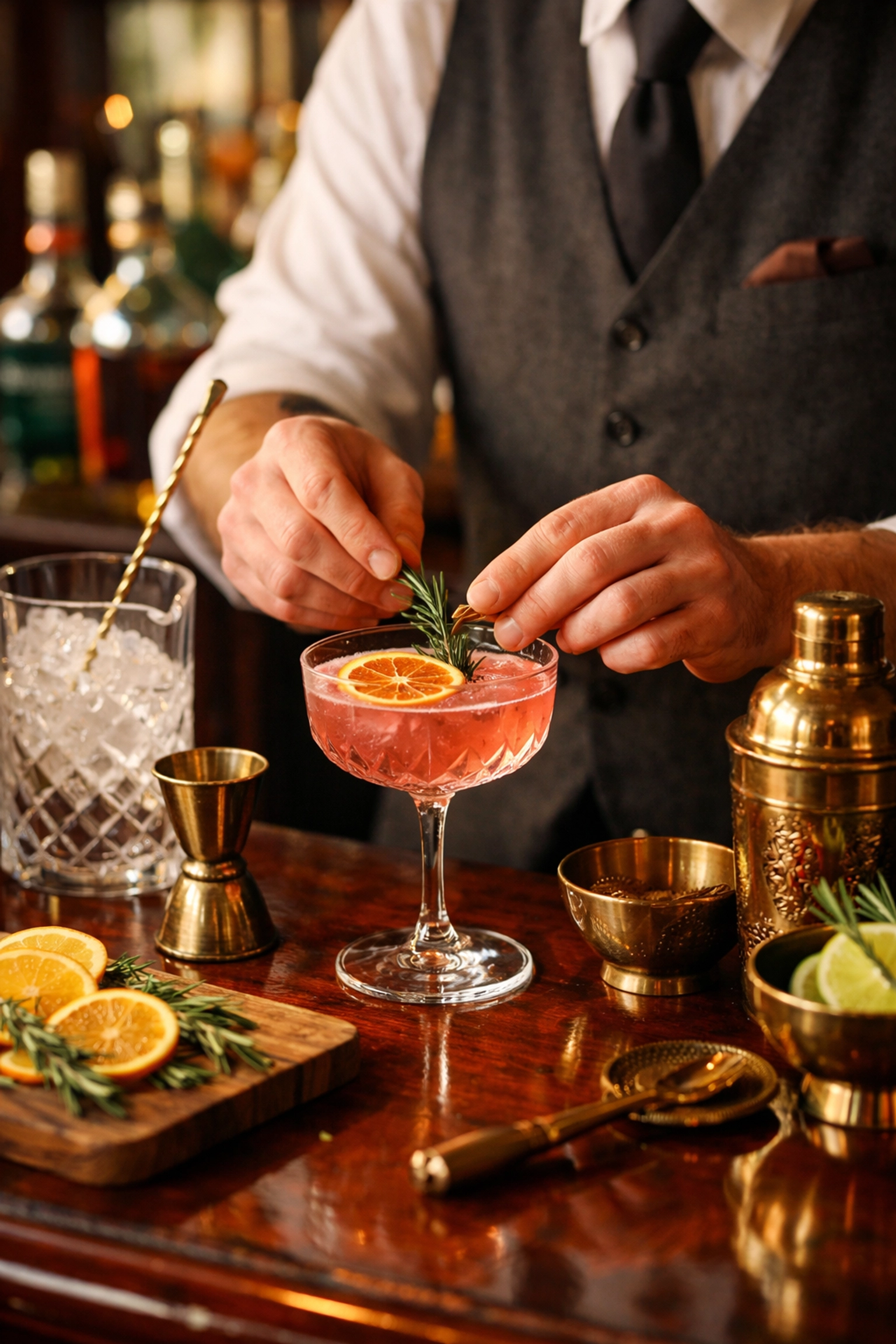 Professional bartender crafting signature wedding cocktail with fresh garnishes and premium spirits