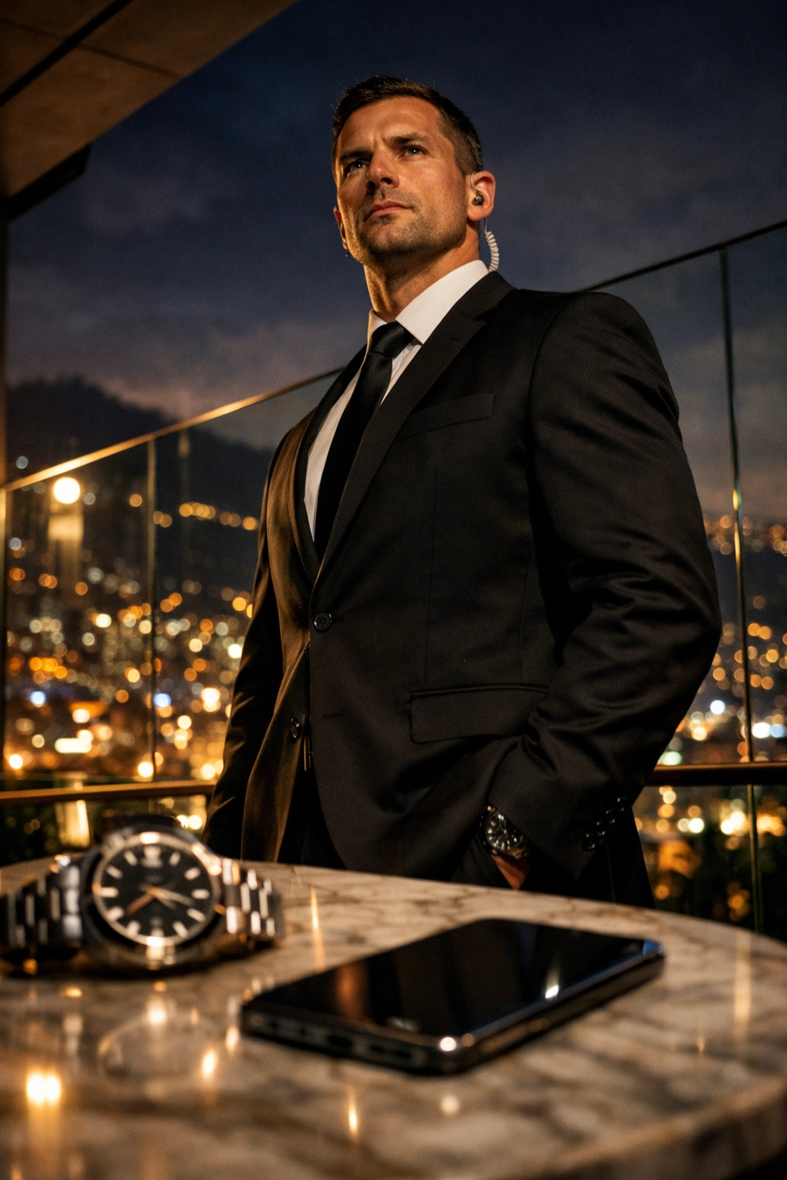 911 Medellin bodyguard protecting an iPhone and luxury watch on a balcony overlooking the night skyline of Medellin.