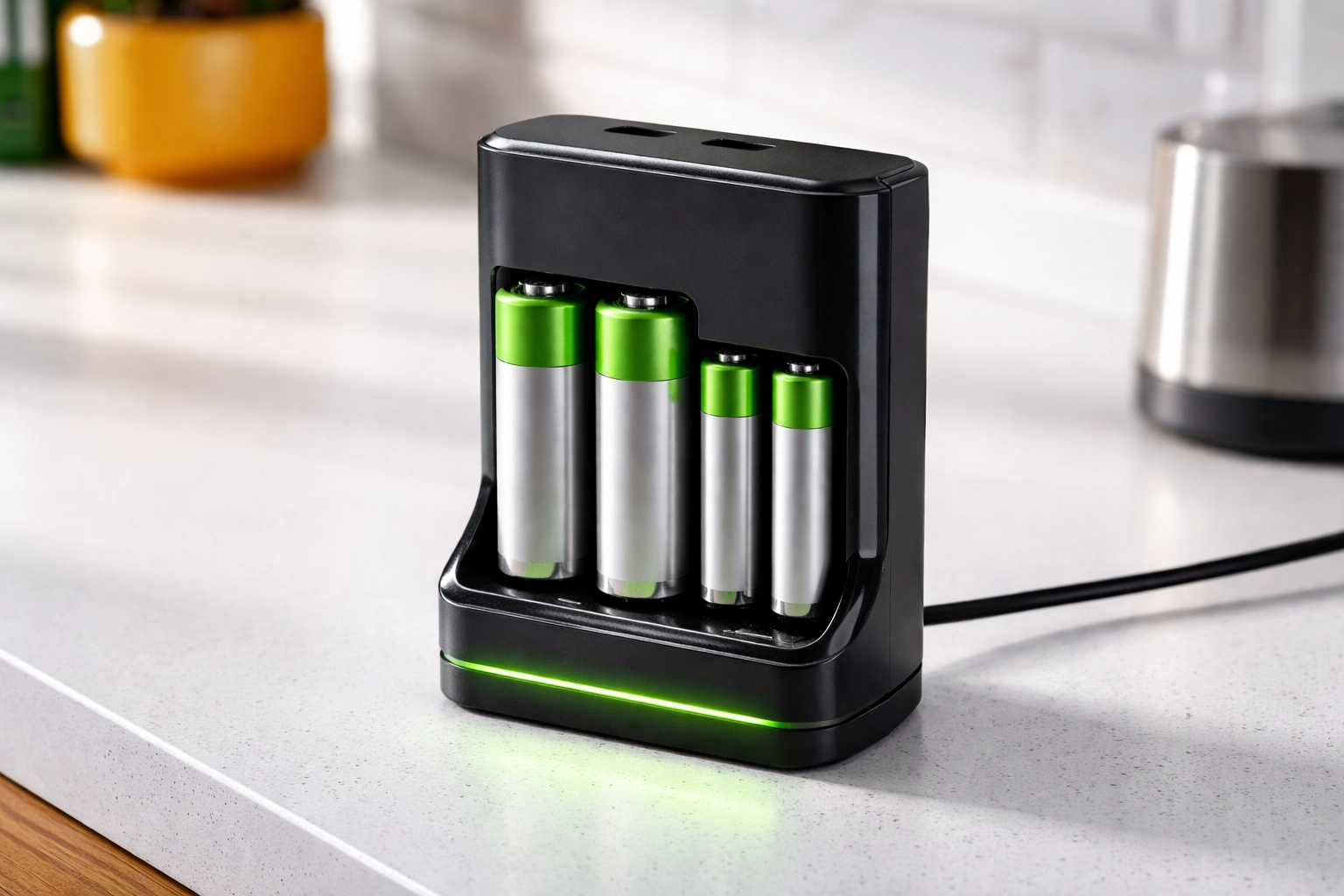 Battery charger with AA and AAA rechargeable batteries on a clean countertop, realistic (not hyper-realistic) product photo with bold high-contrast accents.