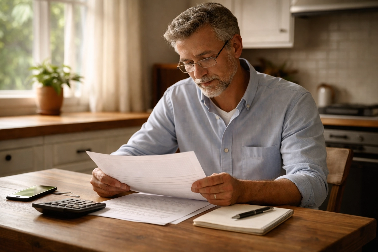 Small business owner at kitchen table reviewing retirement documents, illustrating S Corp retirement planning