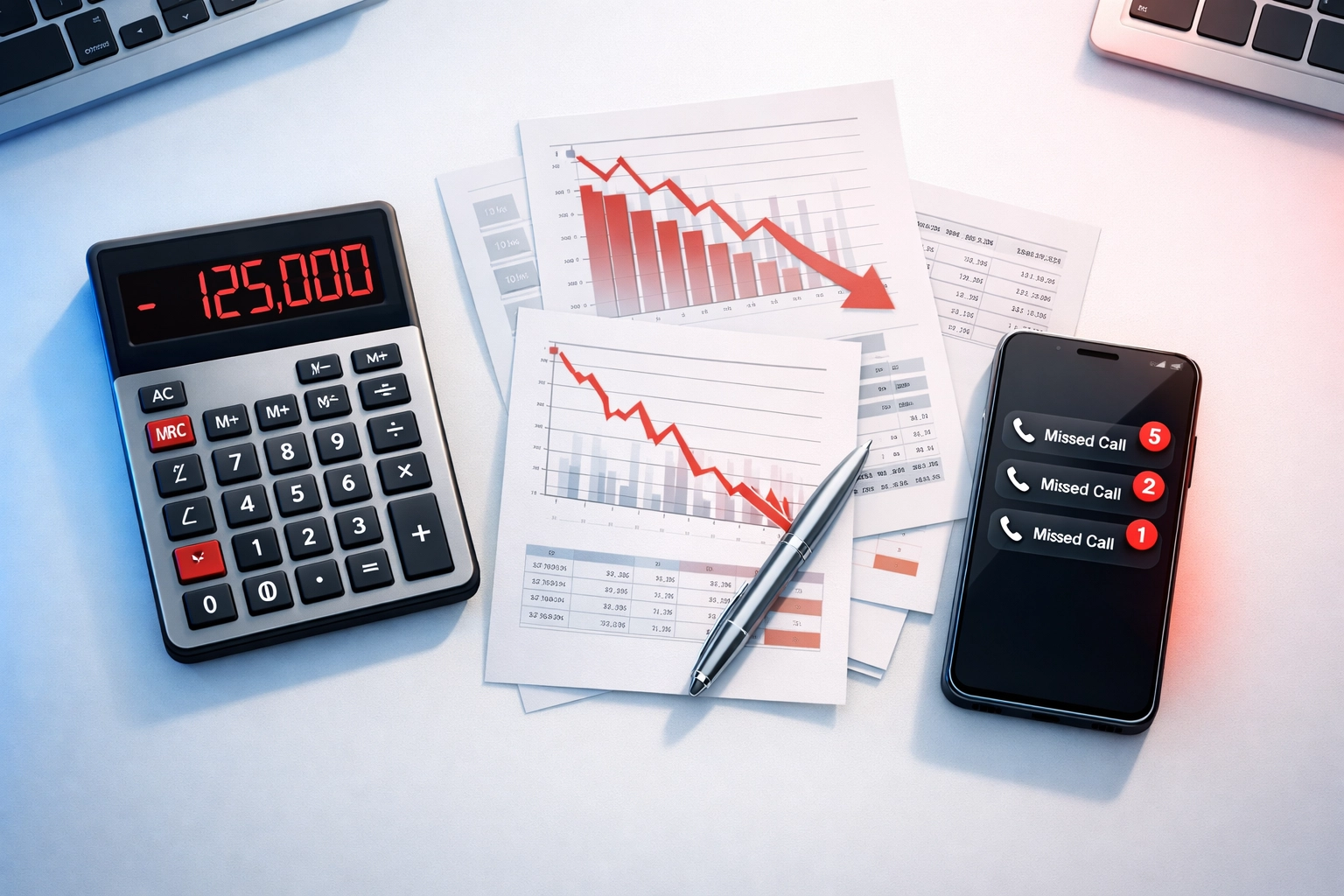Calculator showing rehab facility revenue loss from missed calls with declining financial graphs