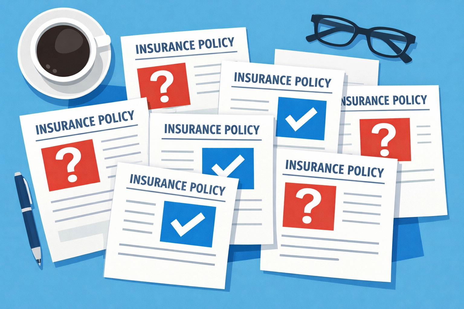 Insurance policy documents being reviewed with checkmarks and question marks