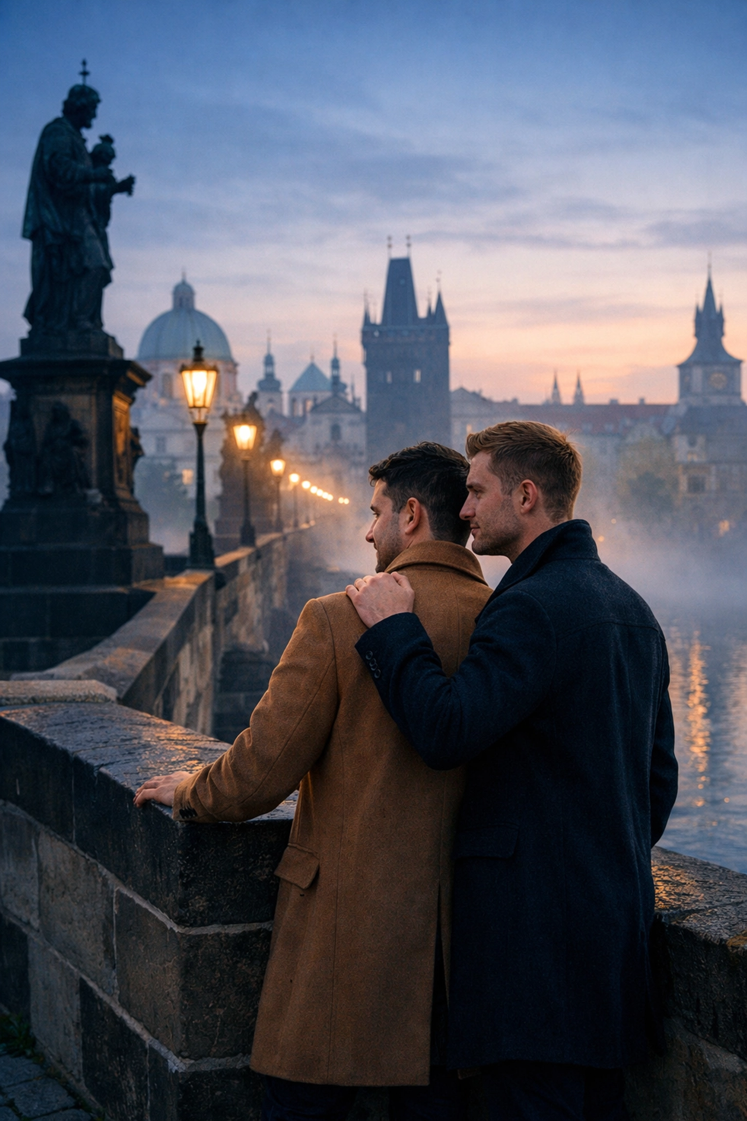 Romantic gay couple walking across the misty Charles Bridge at dawn in Prague.