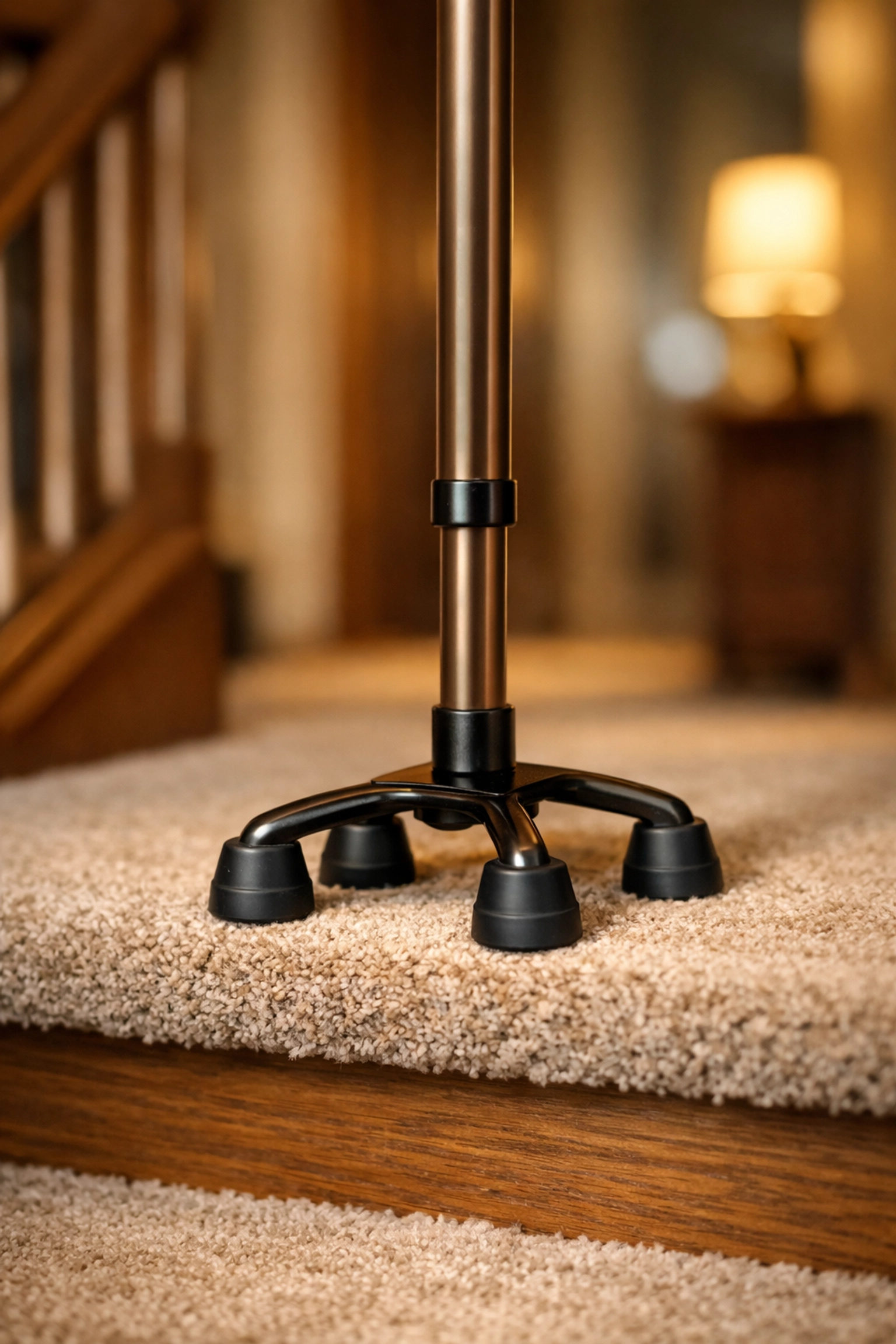 A narrow-base quad cane designed to fit securely on stairs for improved senior mobility and safety.