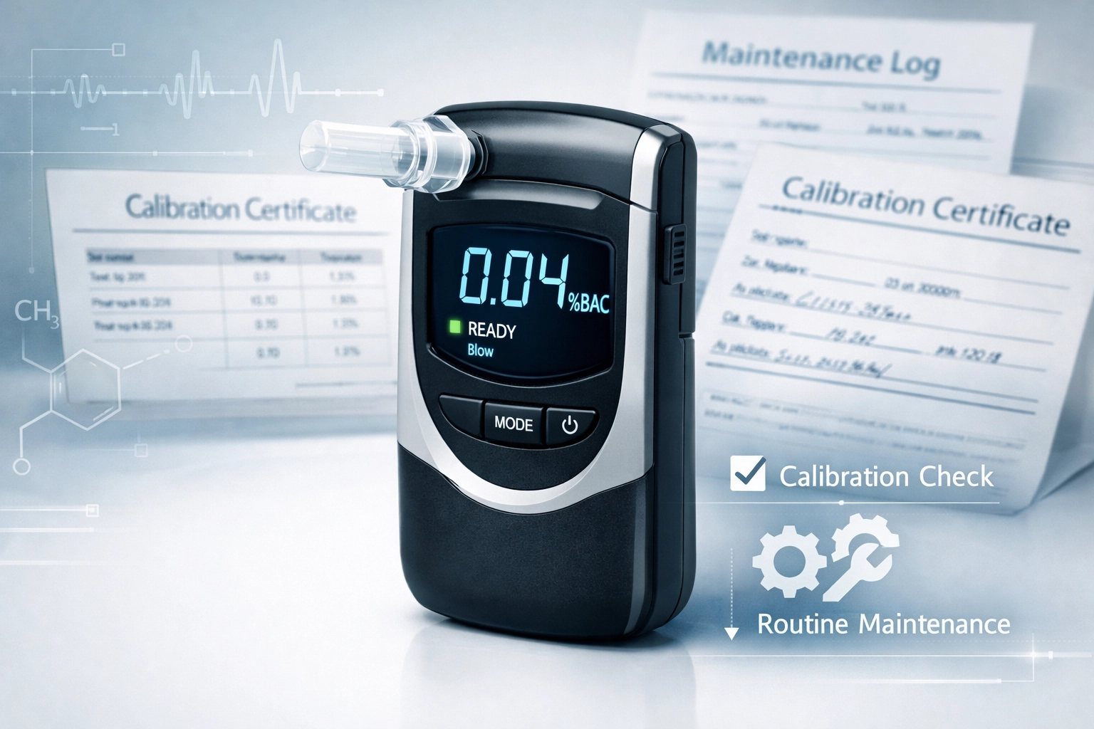 Breathalyzer device with calibration records used in DUI testing and evidence collection