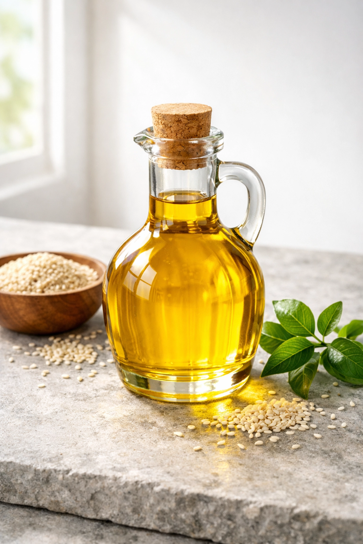 Premium cold-pressed sesame oil bottle with raw seeds, showing pure natural quality for health.