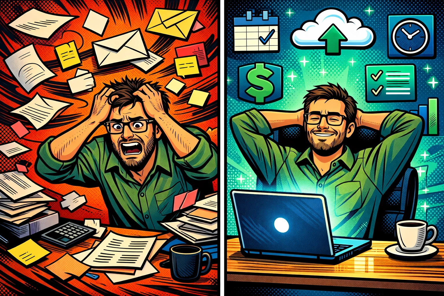 Small business owner before and after using AI email automation to organize inbox