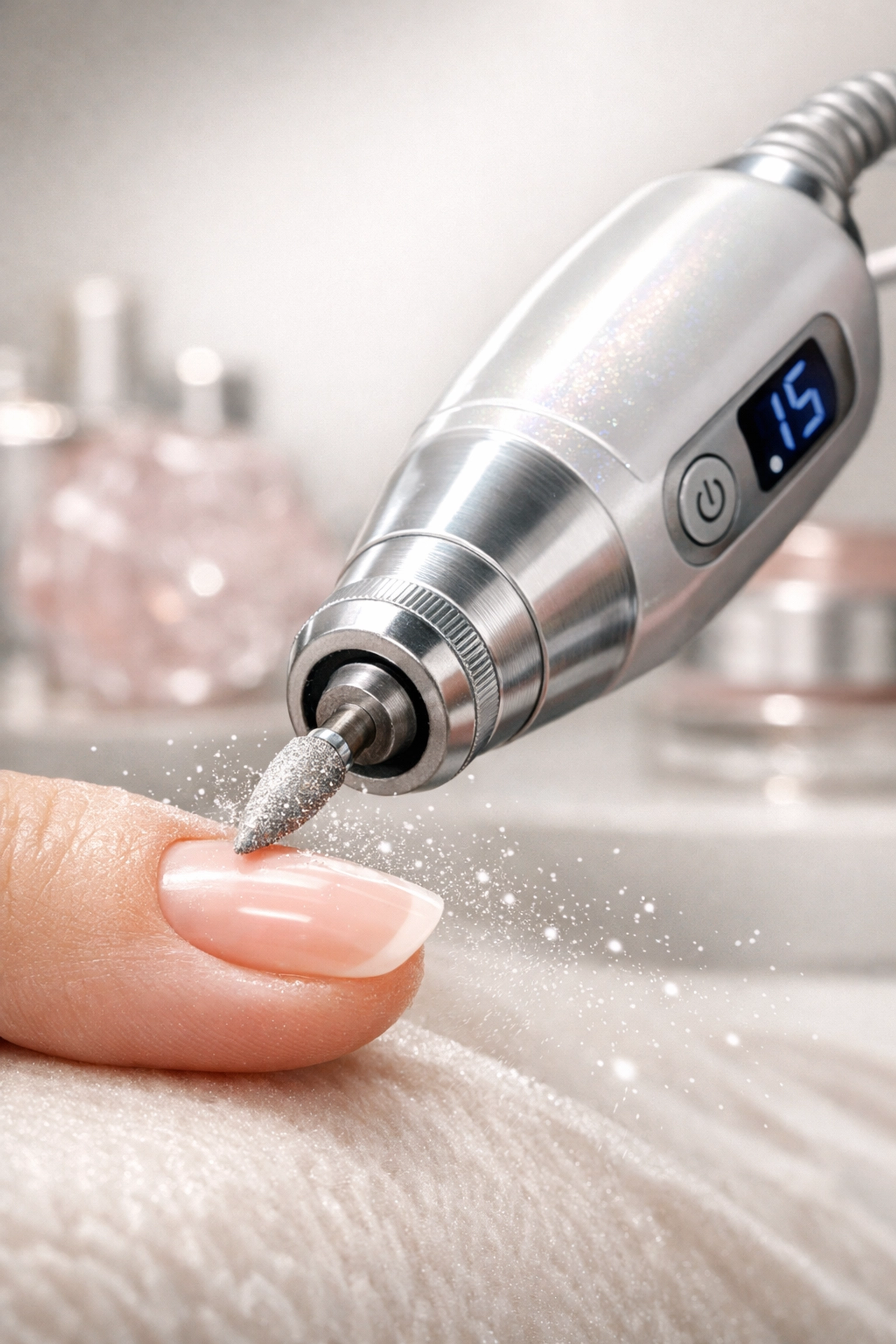 Precision Russian Manicure technique using an electronic nail file for flawless cuticle care in Westwood.