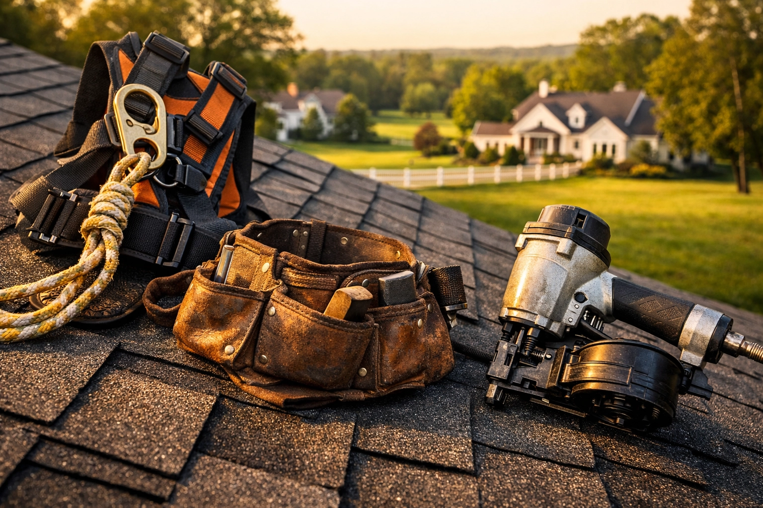 Professional roofing safety gear on a new shingle roof, highlighting essential business insurance for CT contractors.
