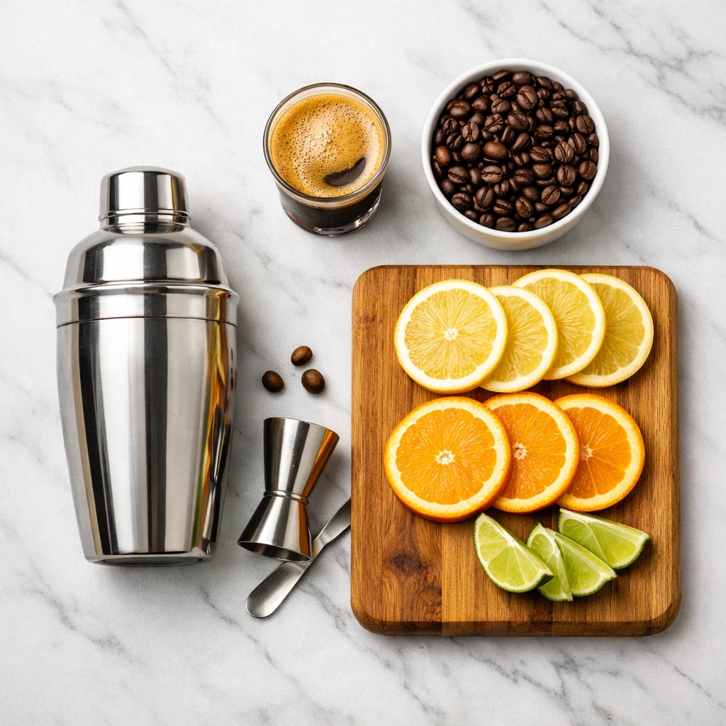 Home bartending flat lay with espresso and tools for making handcrafted coffee cocktails.