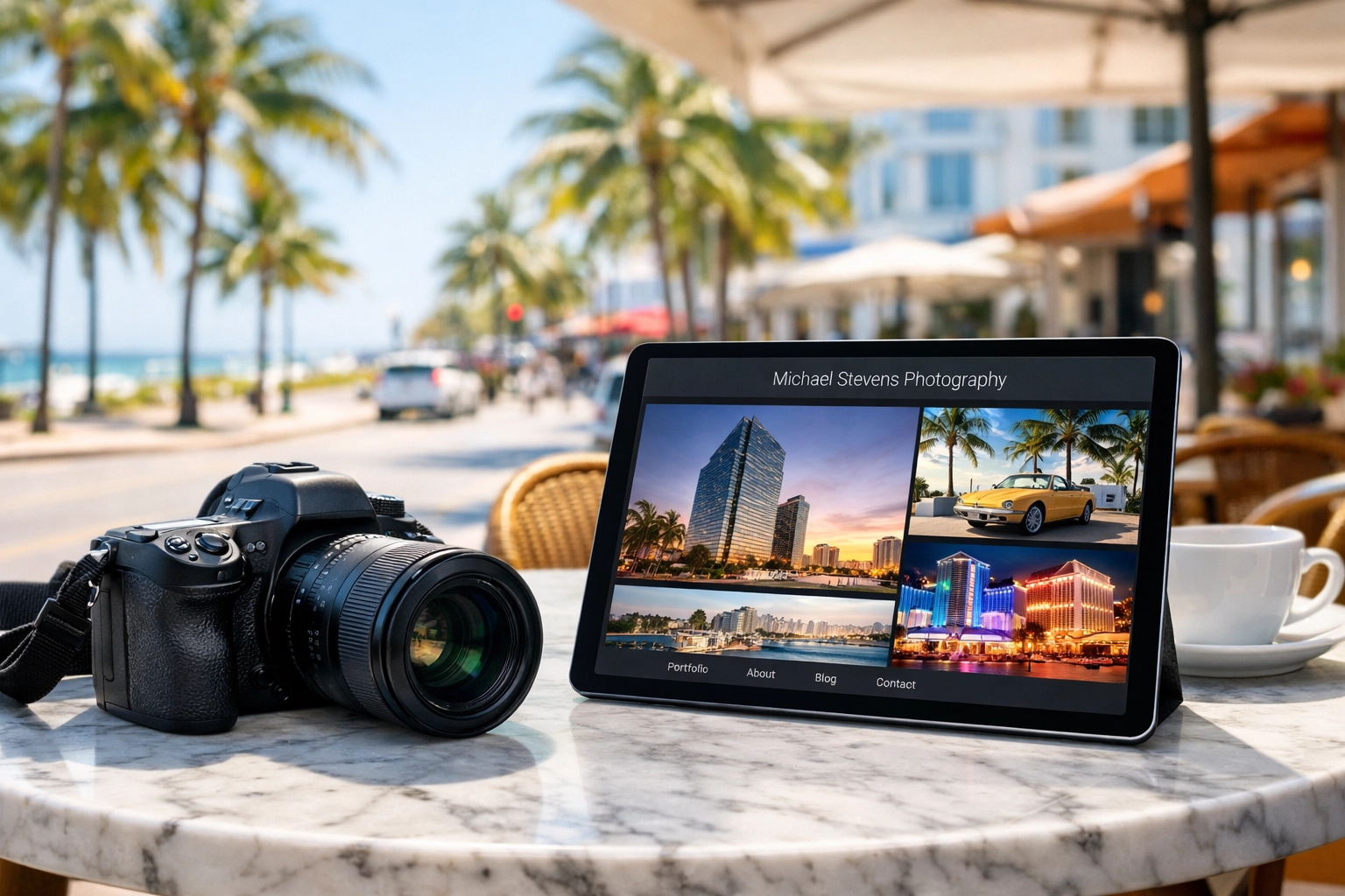 Tablet on a café table displaying a photography portfolio with professional image compression.