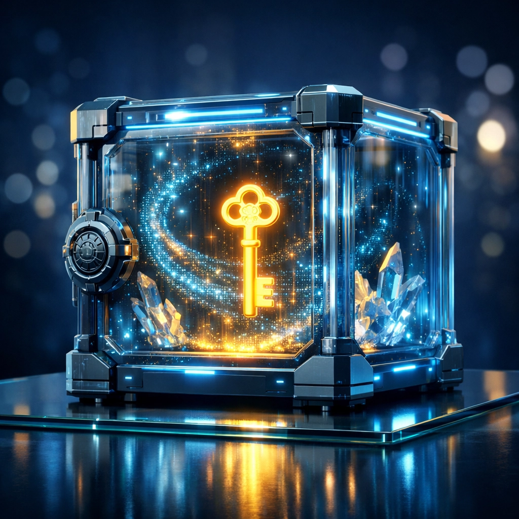 Secure digital vault with golden key representing self-custody crypto merchant accounts for small businesses.