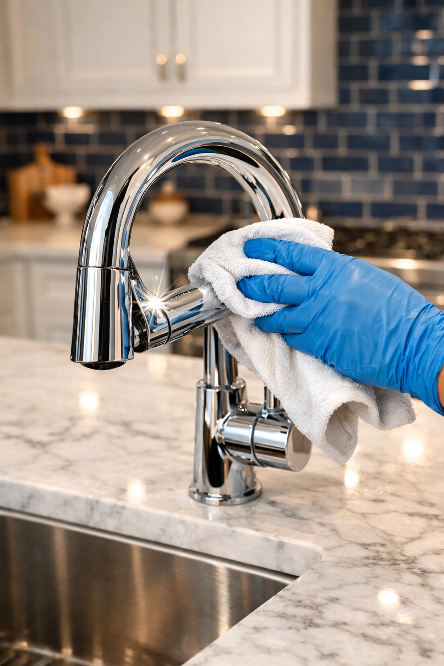 Detailed deep cleaning house service polishing a luxury kitchen faucet and marble countertop after renovation.