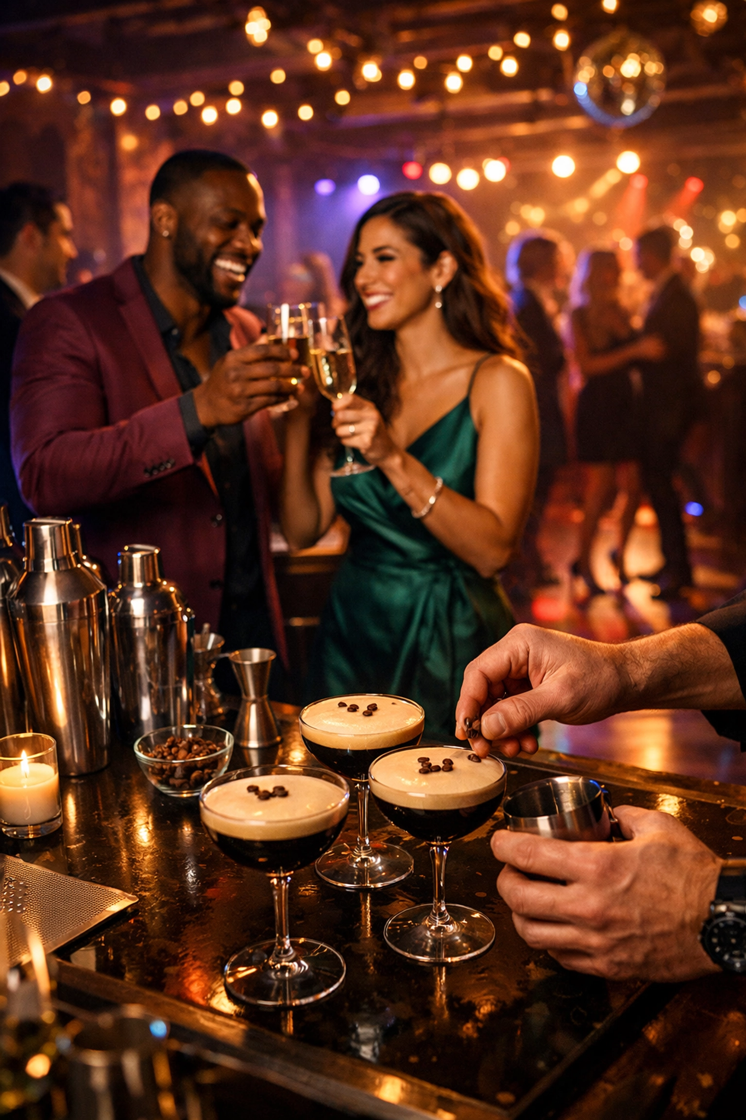 Bartender crafting cocktails near the dance floor as guests socialize before the reception party begins