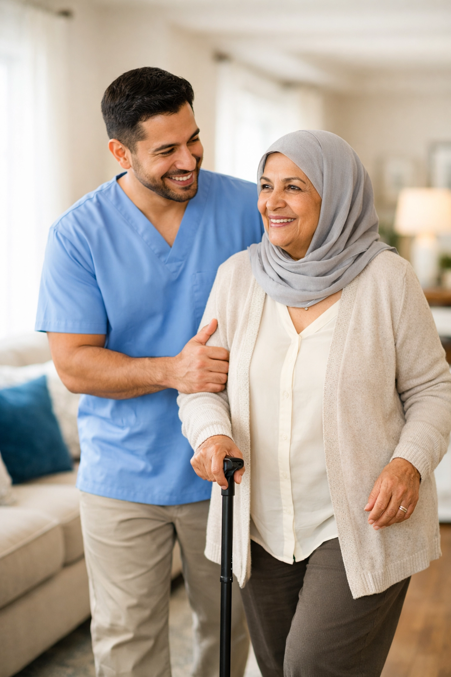 Caregiver helping an elderly woman walk safely through her home in Fauquier County to ensure mobility and stability.
