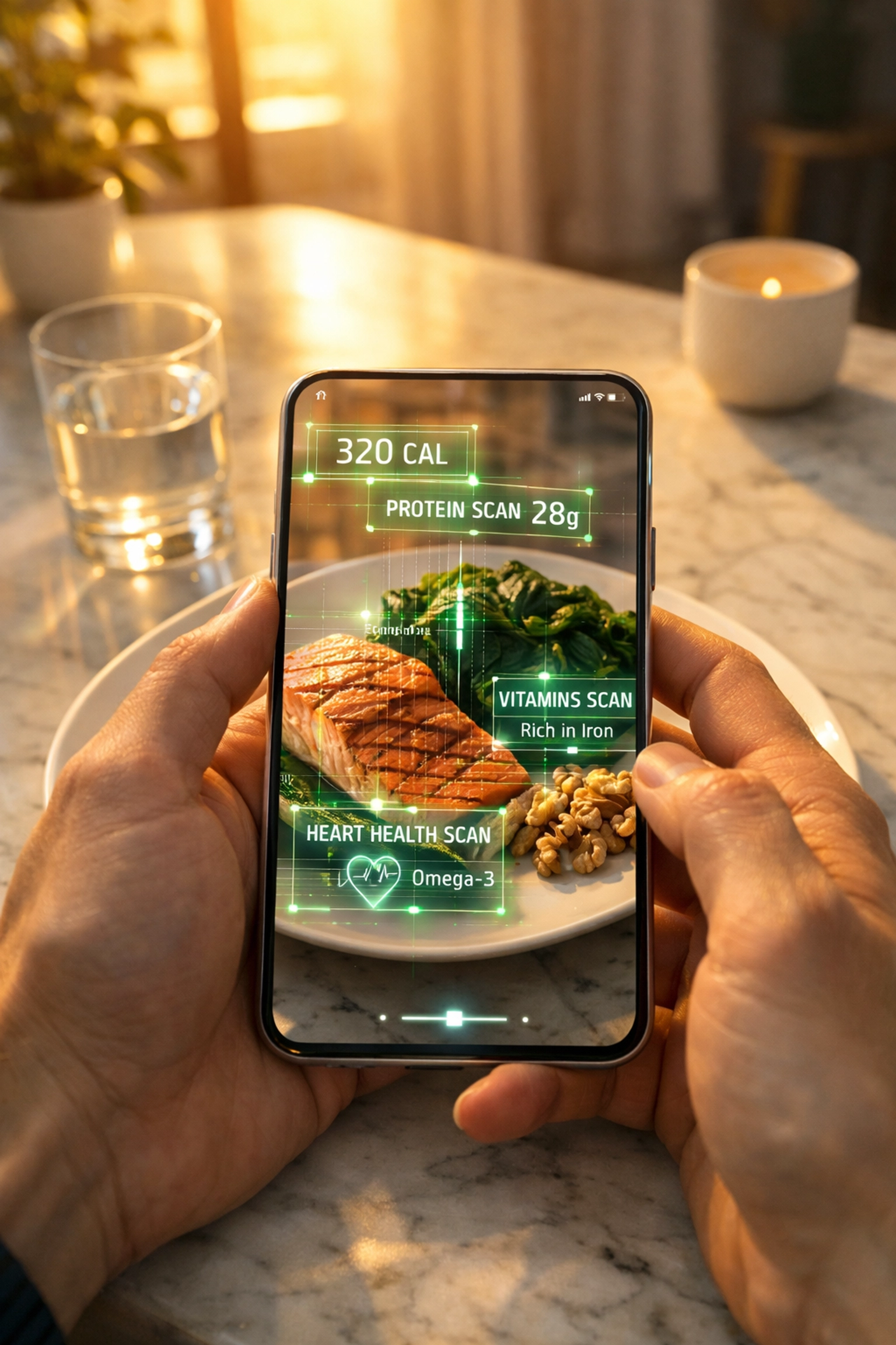 Person using an AI meal scanner app to track low-FODMAP ingredients and manage gut health while eating out.