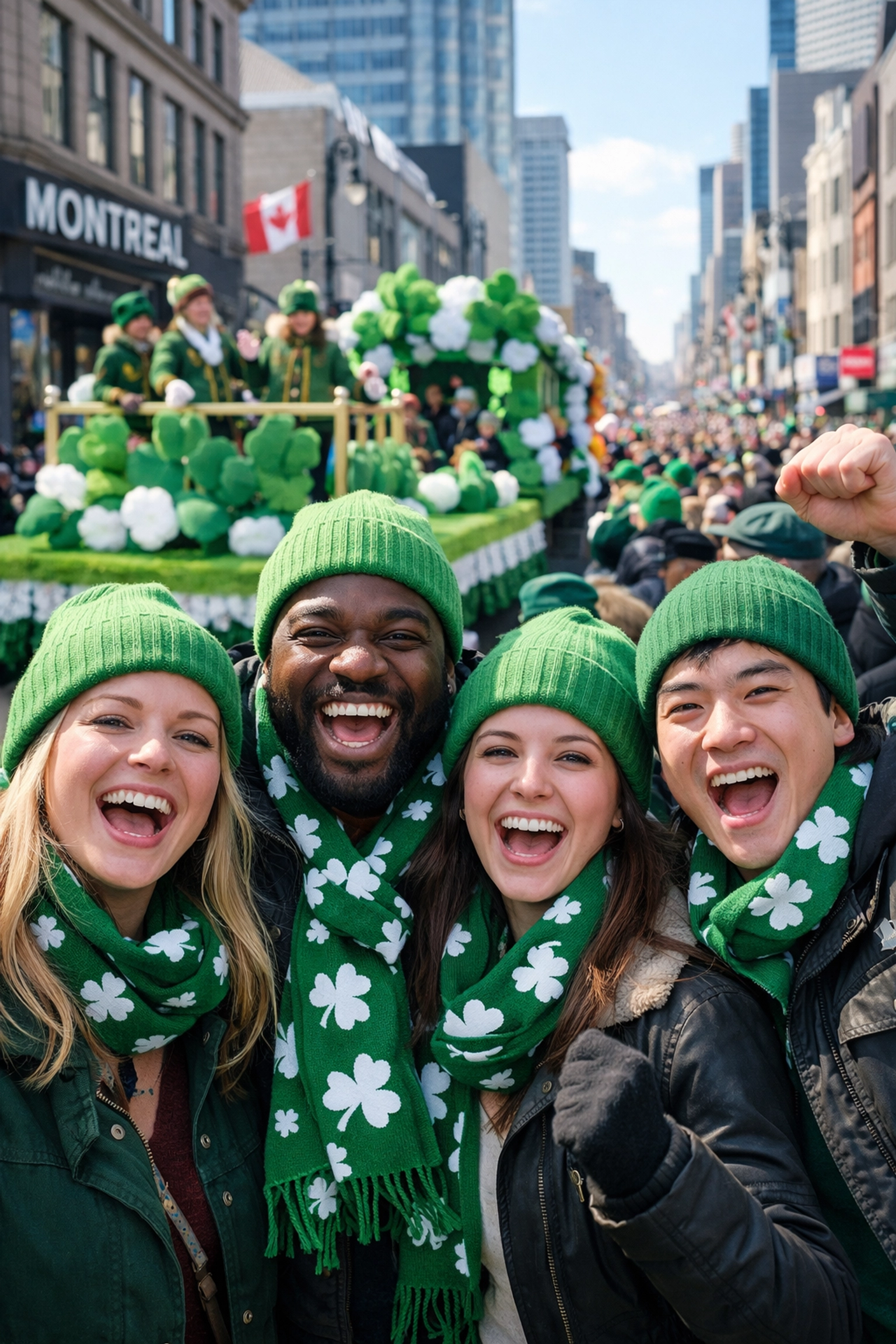 Crowds celebrating the St. Patrick’s Day parade on Sainte-Catherine Street in Montreal.