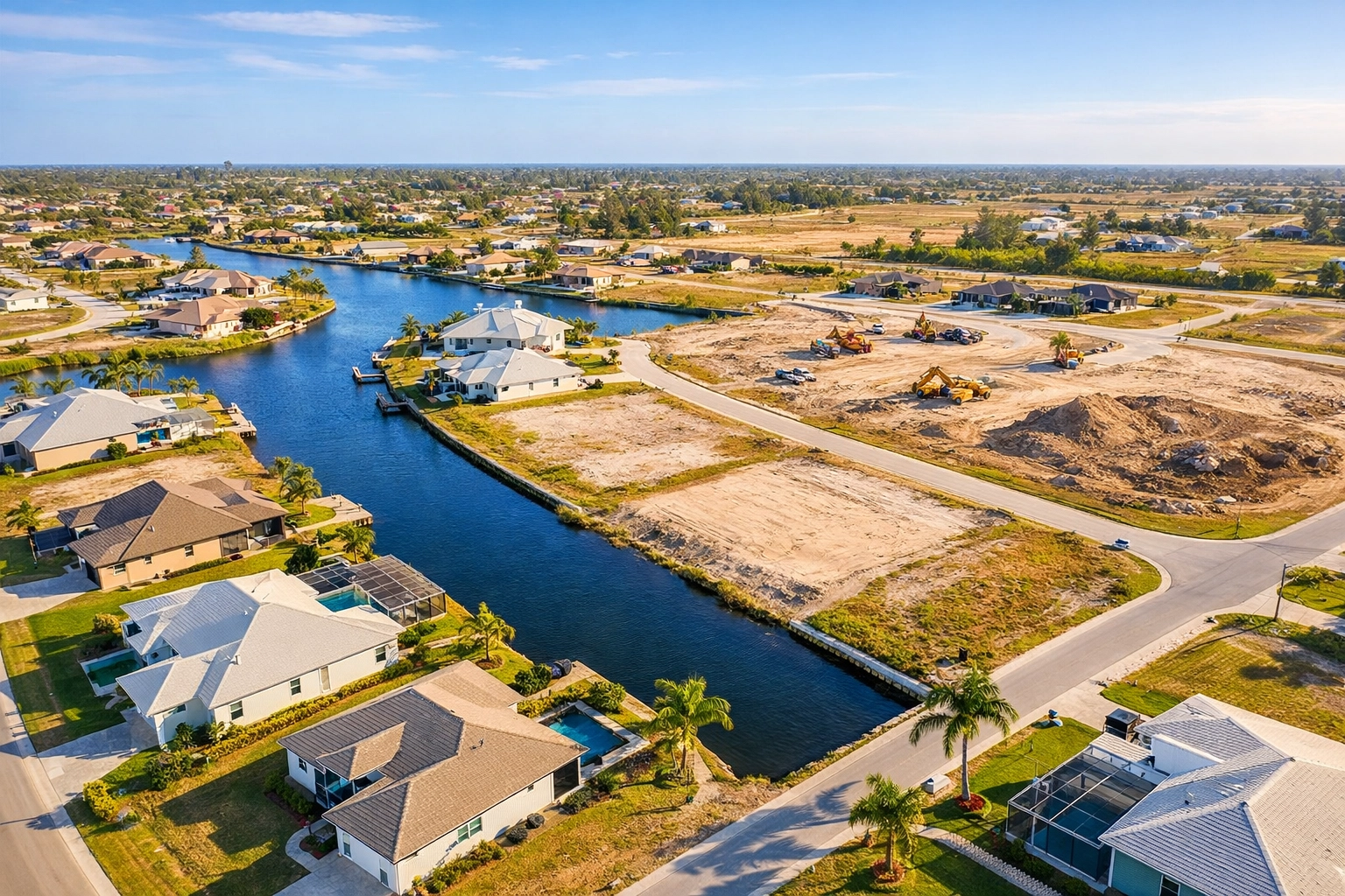 Aerial view of Northeast Cape Coral showing new homes and freshwater canals in developing area