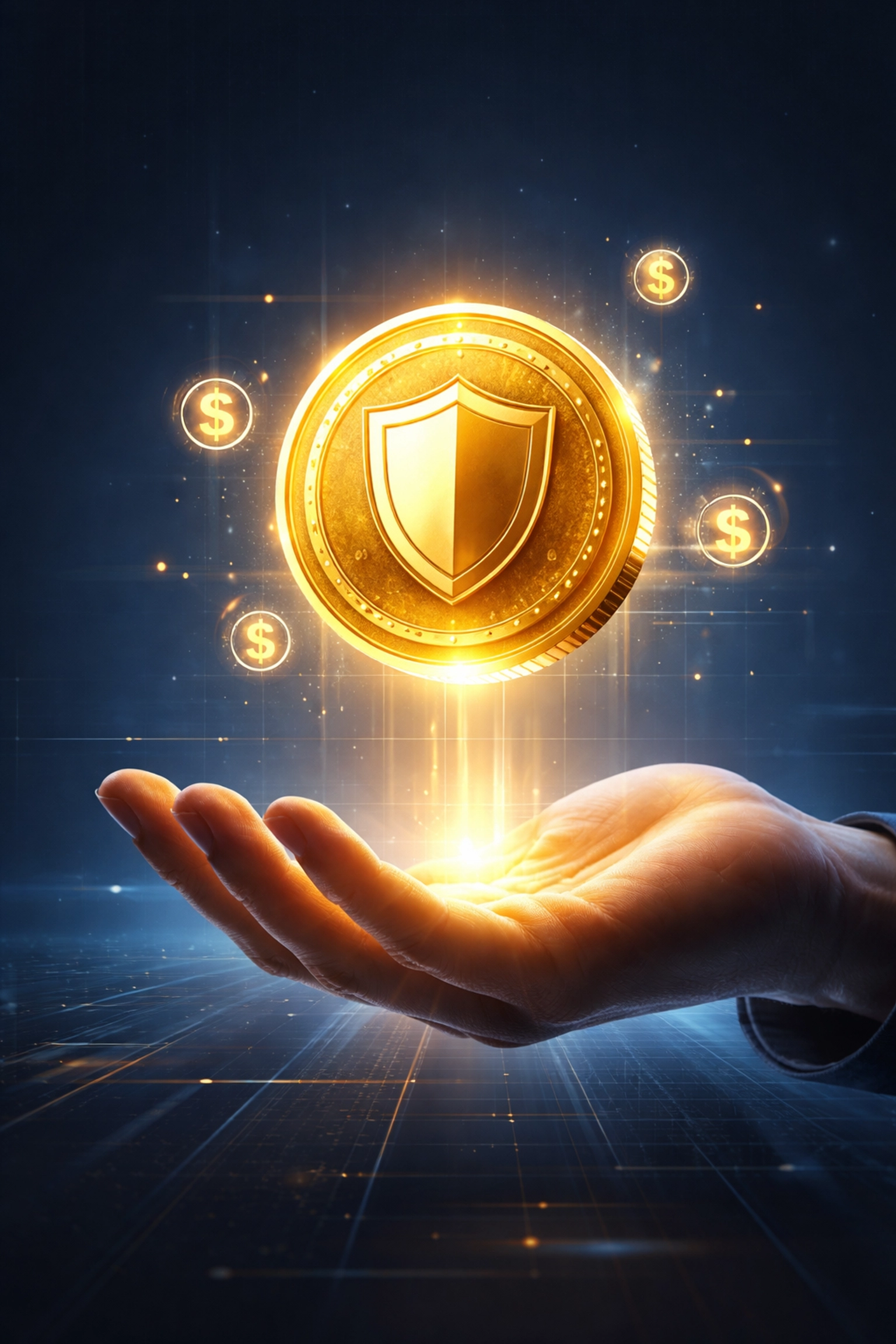 A golden stablecoin above an open hand, symbolizing secure and stable Web3 payments for small businesses.