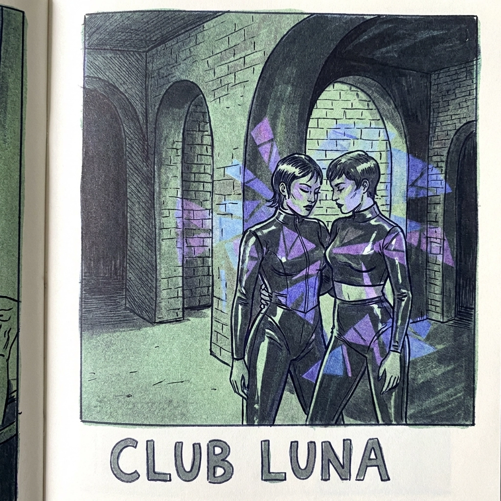 Two men in glossy latex suits at dimly lit fetish club with purple LED lighting - MM rubber romance