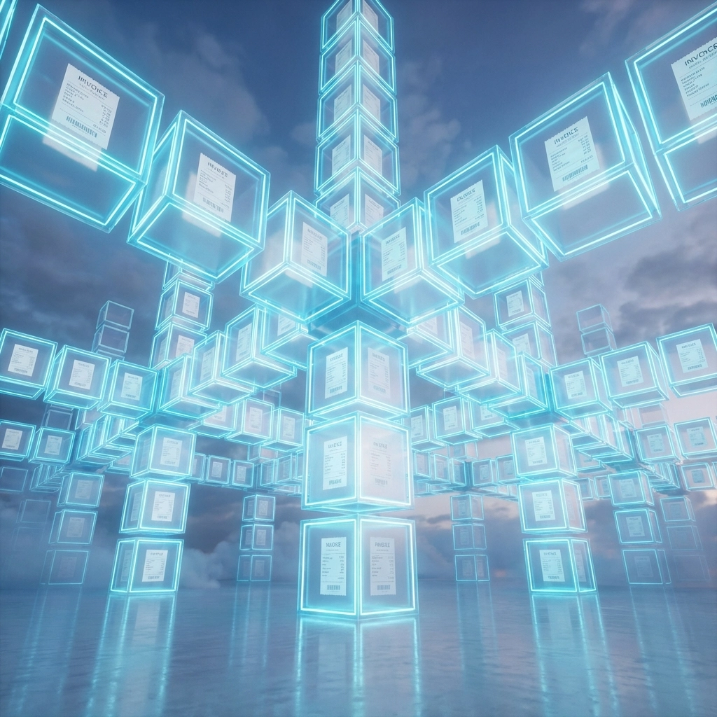 Vast blockchain with glowing cubes, each holding invoices, highlights transparency in crypto payments